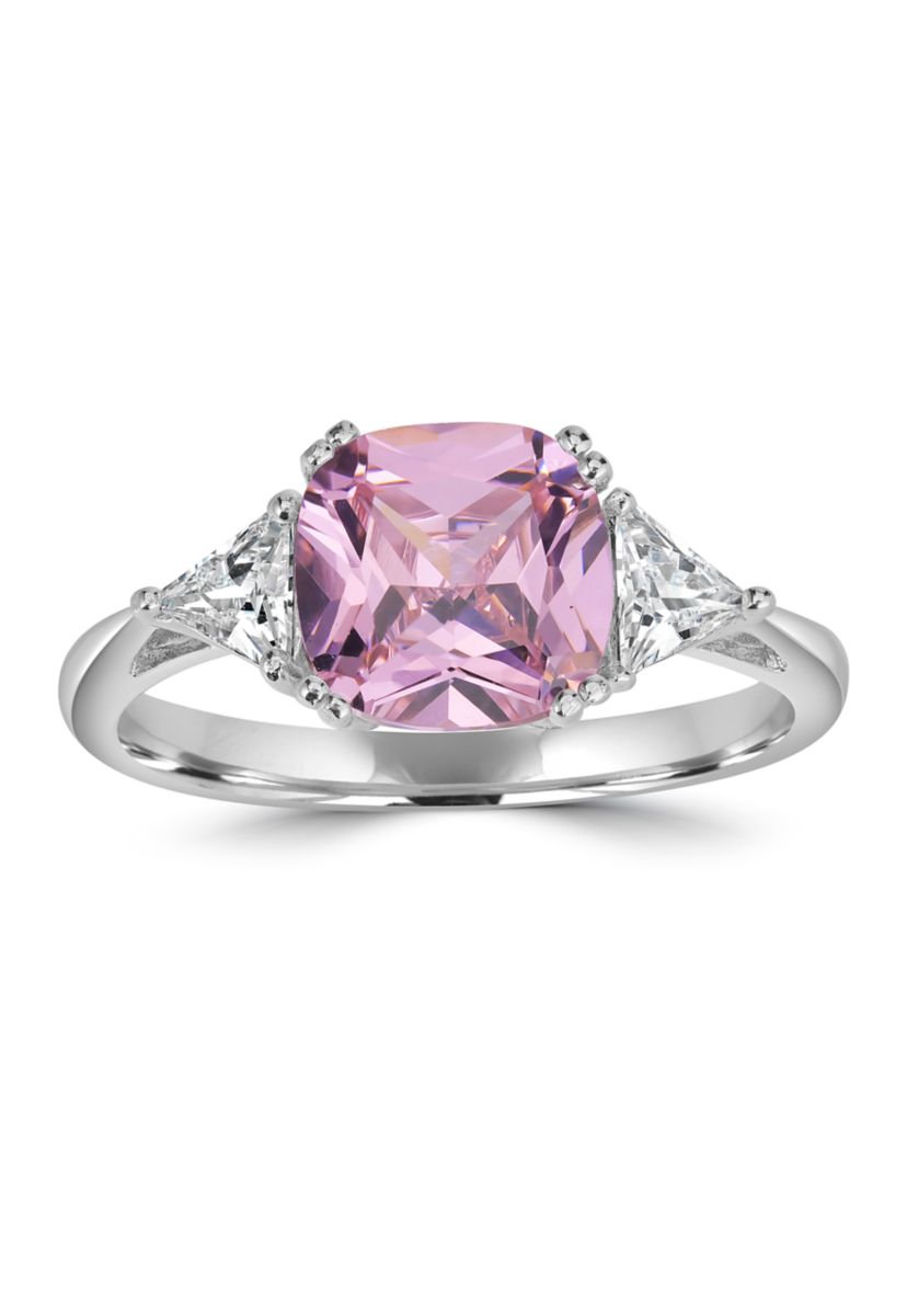 Sterling Silver Square-Cut Pink Cubic Zirconia and Trillion White Cubic Zirconia Ring