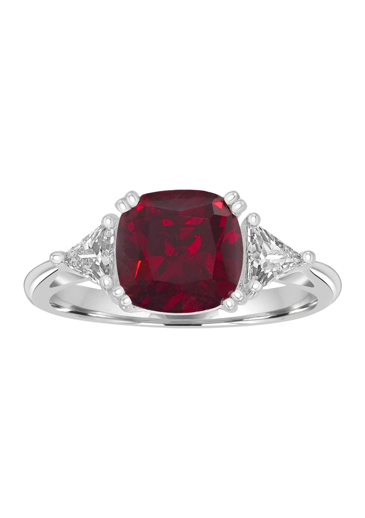 Sterling Silver Square Cut Ruby Cubic Zirconia and Trillion White Cubic Zirconia Ring