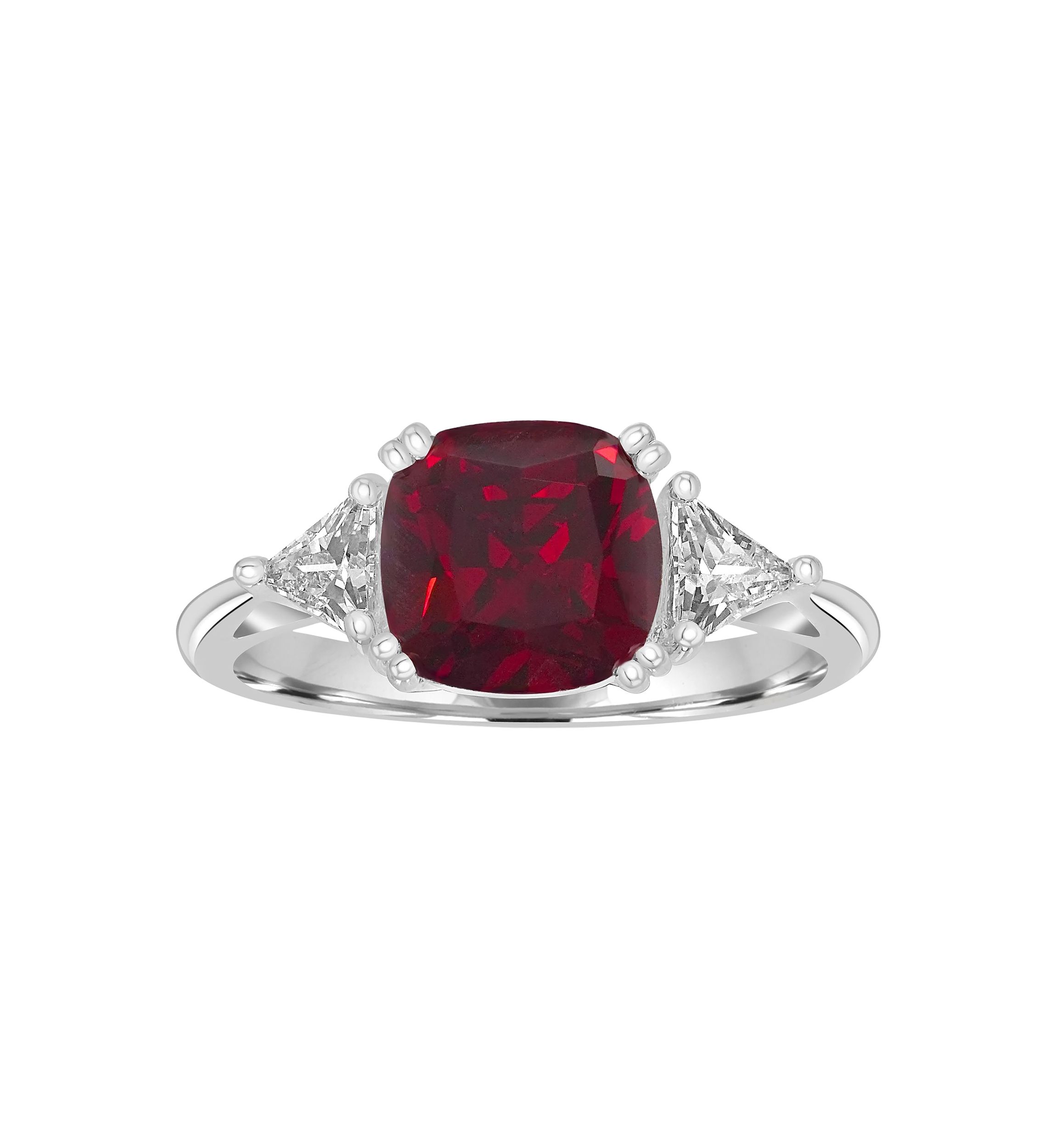 Sterling Silver Square Cut Ruby Cubic Zirconia and Trillion White Cubic Zirconia Ring
