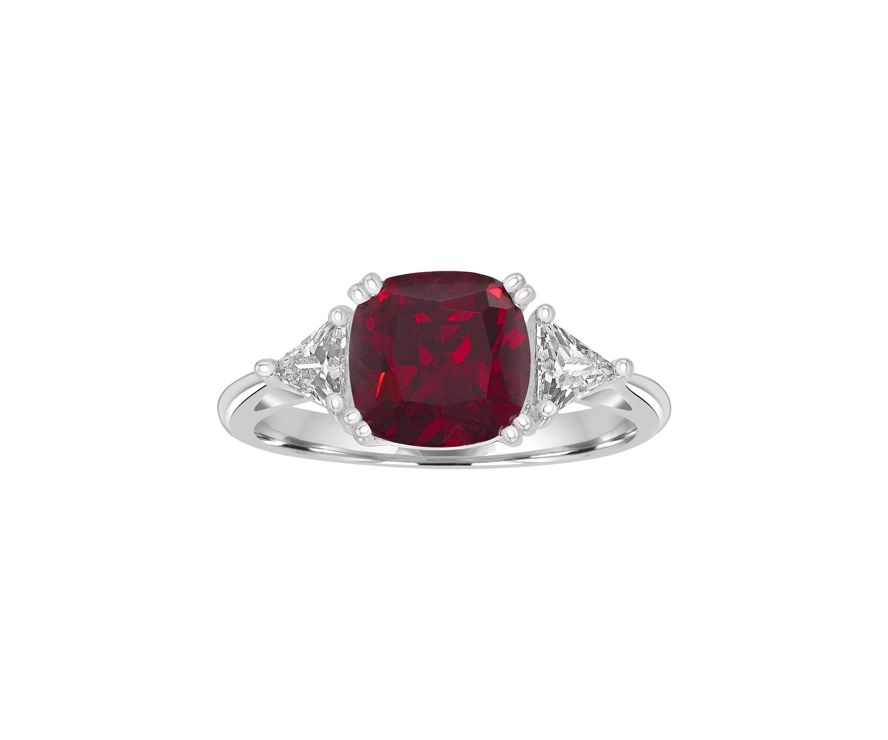 Sterling Silver Square Cut Ruby Cubic Zirconia and Trillion White Cubic Zirconia Ring