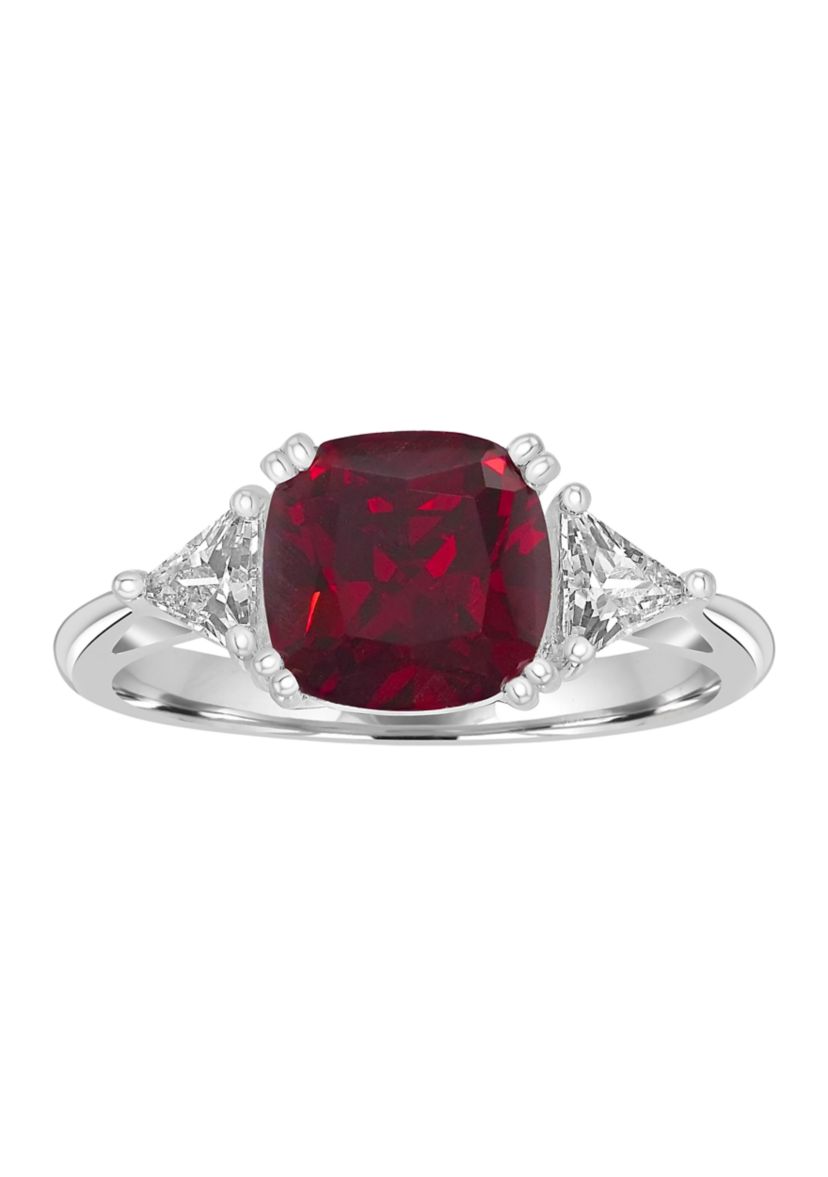 Sterling Silver Square Cut Ruby Cubic Zirconia and Trillion White Cubic Zirconia Ring