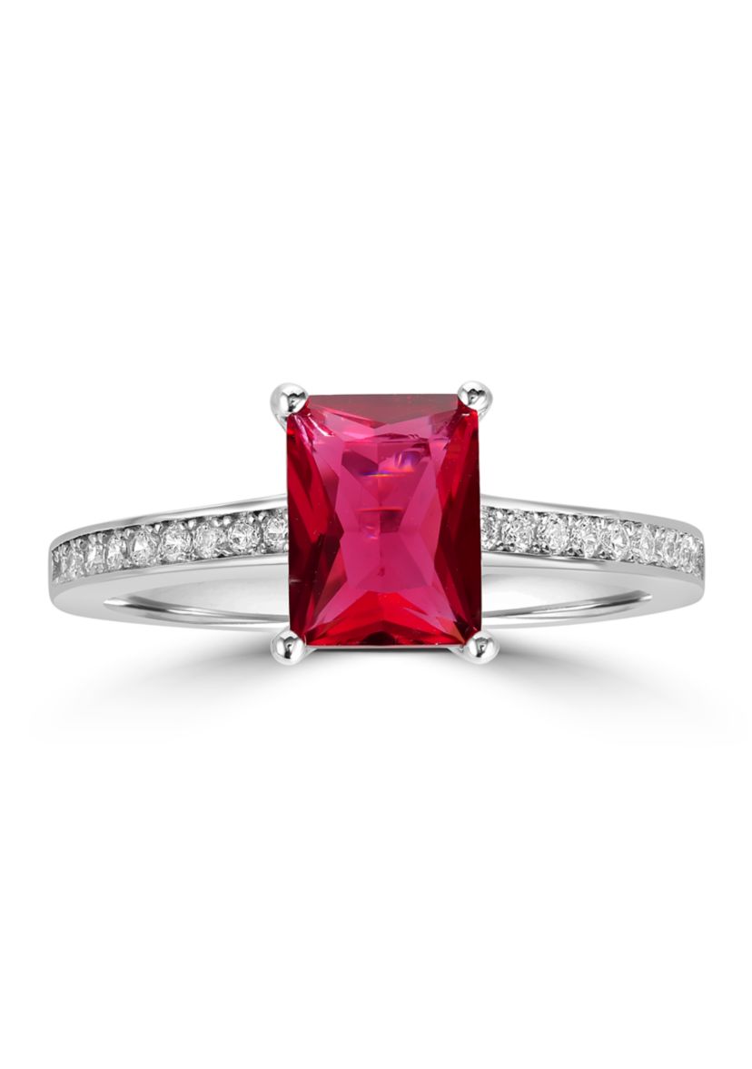 Sterling Silver Rectangular Ruby Cubic Zirconia and White Cubic Zirconia Band Ring