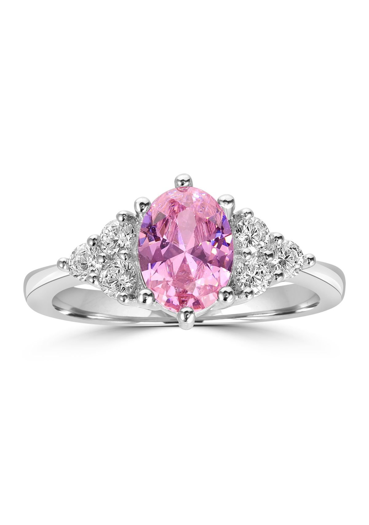 Sterling Silver Oval Cut Pink Cubic Zirconia and Trillion White Cubic Zirconia Ring