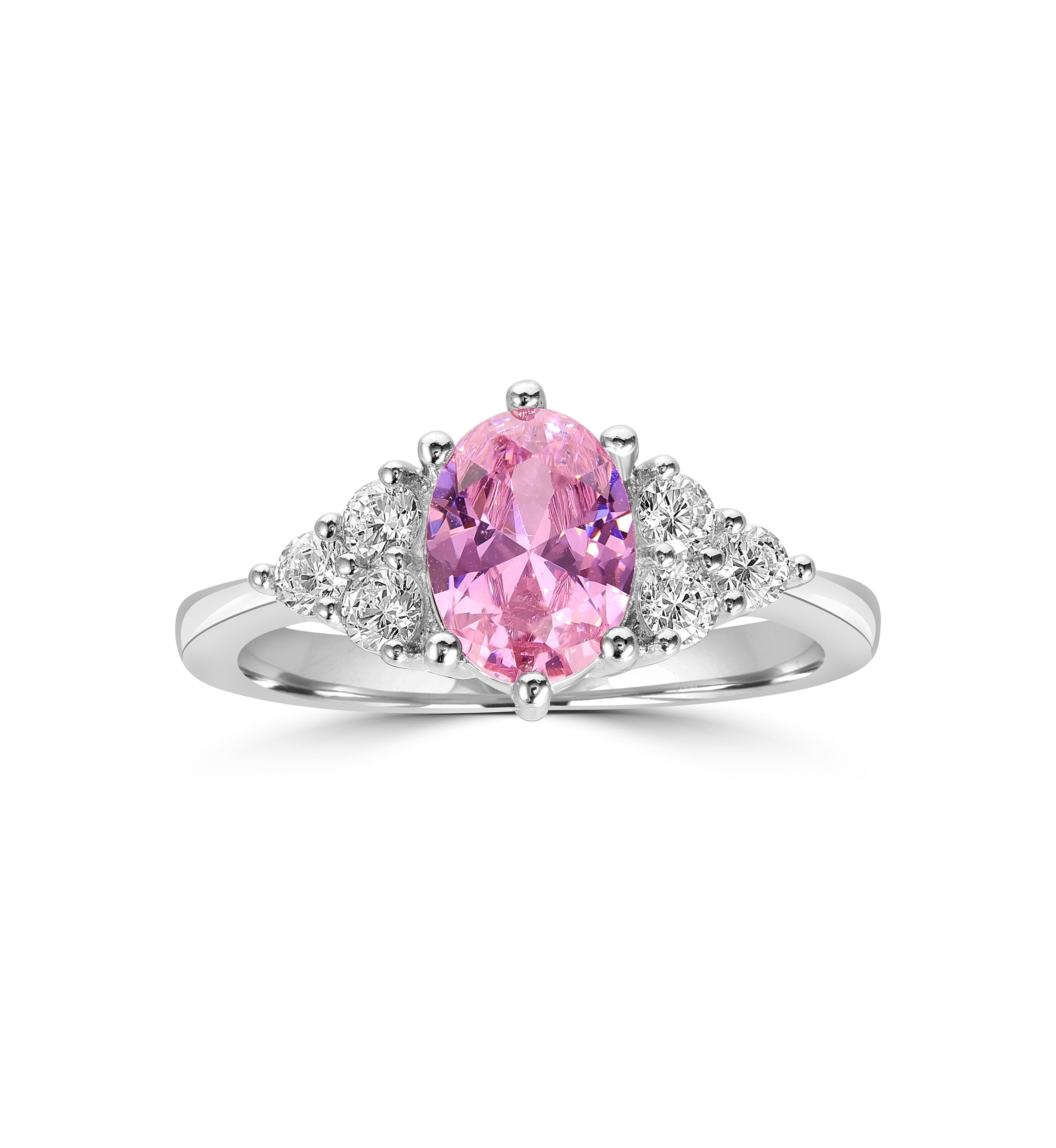 Sterling Silver Oval Cut Pink Cubic Zirconia and Trillion White Cubic Zirconia Ring
