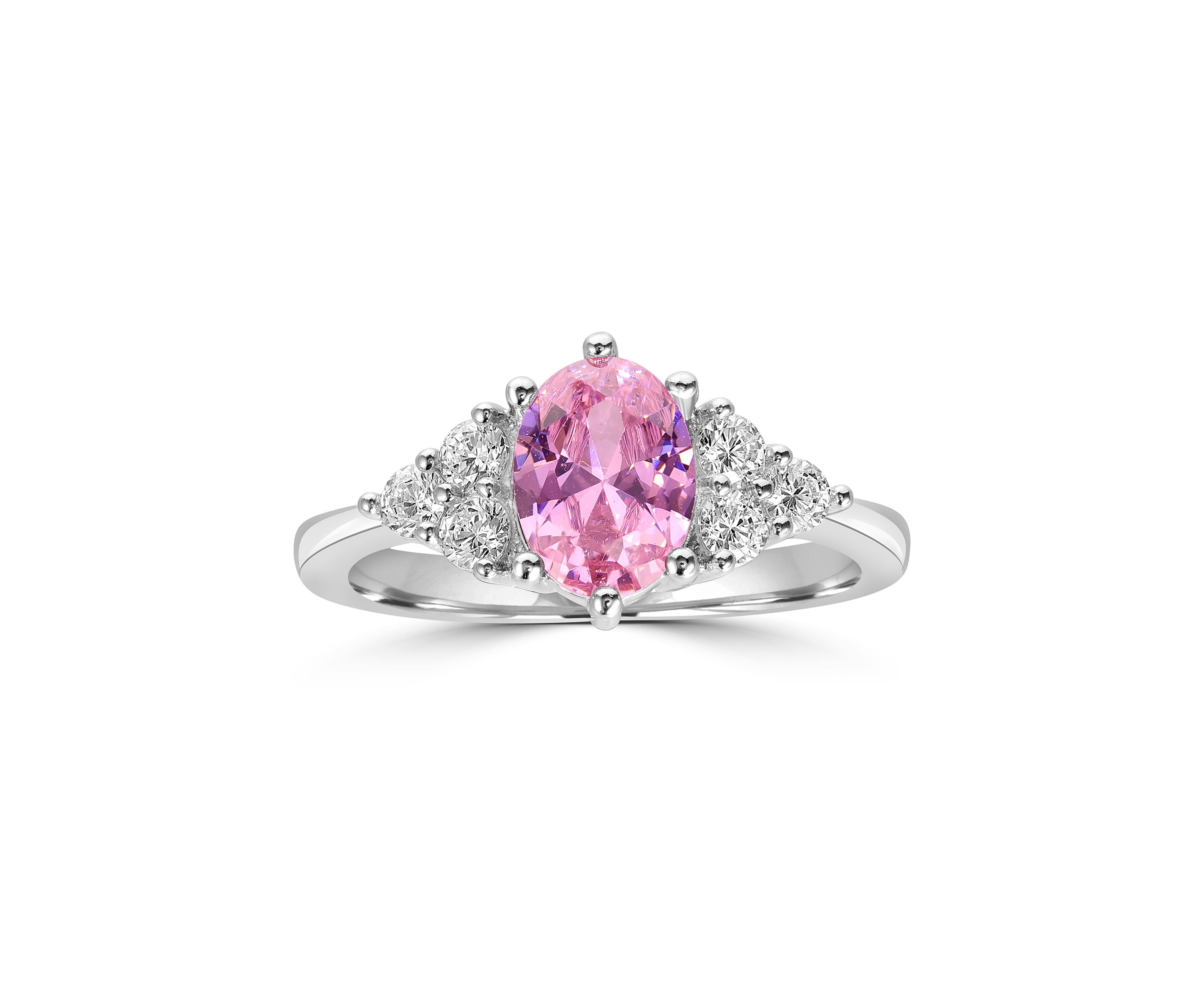 Sterling Silver Oval Cut Pink Cubic Zirconia and Trillion White Cubic Zirconia Ring