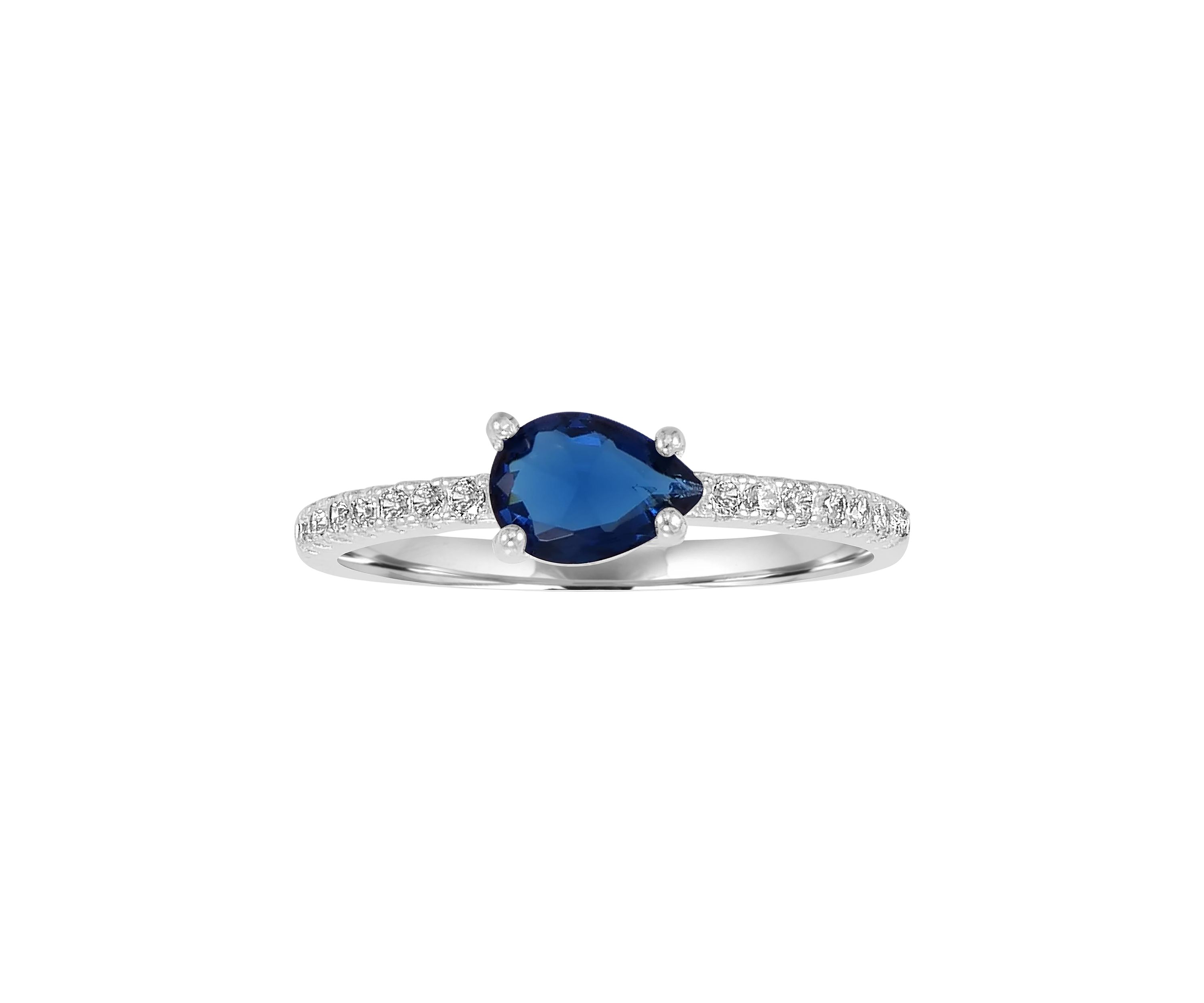 Sterling Silver Pear Shaped Blue Sapphire Cubic Zirconia and White Cubic Zirconia Ring