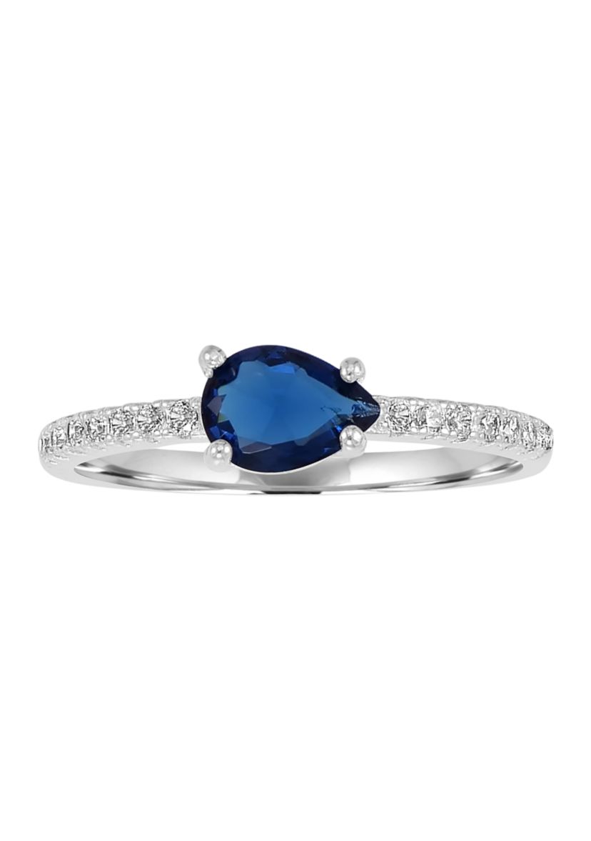 Sterling Silver Pear Shaped Blue Sapphire Cubic Zirconia and White Cubic Zirconia Ring