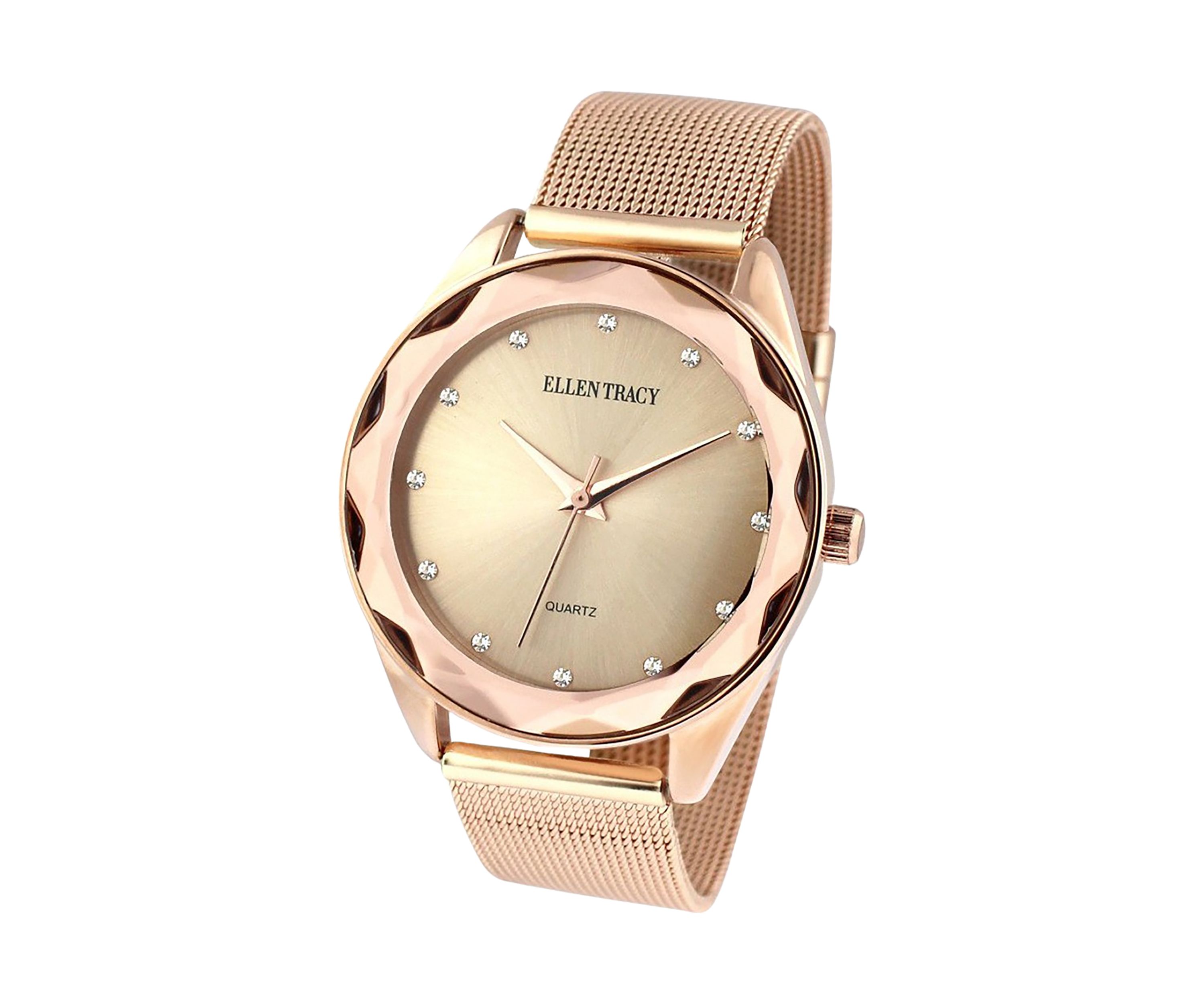 Rose Gold Tone Faceted Bezel Adjustable Mesh Watch 