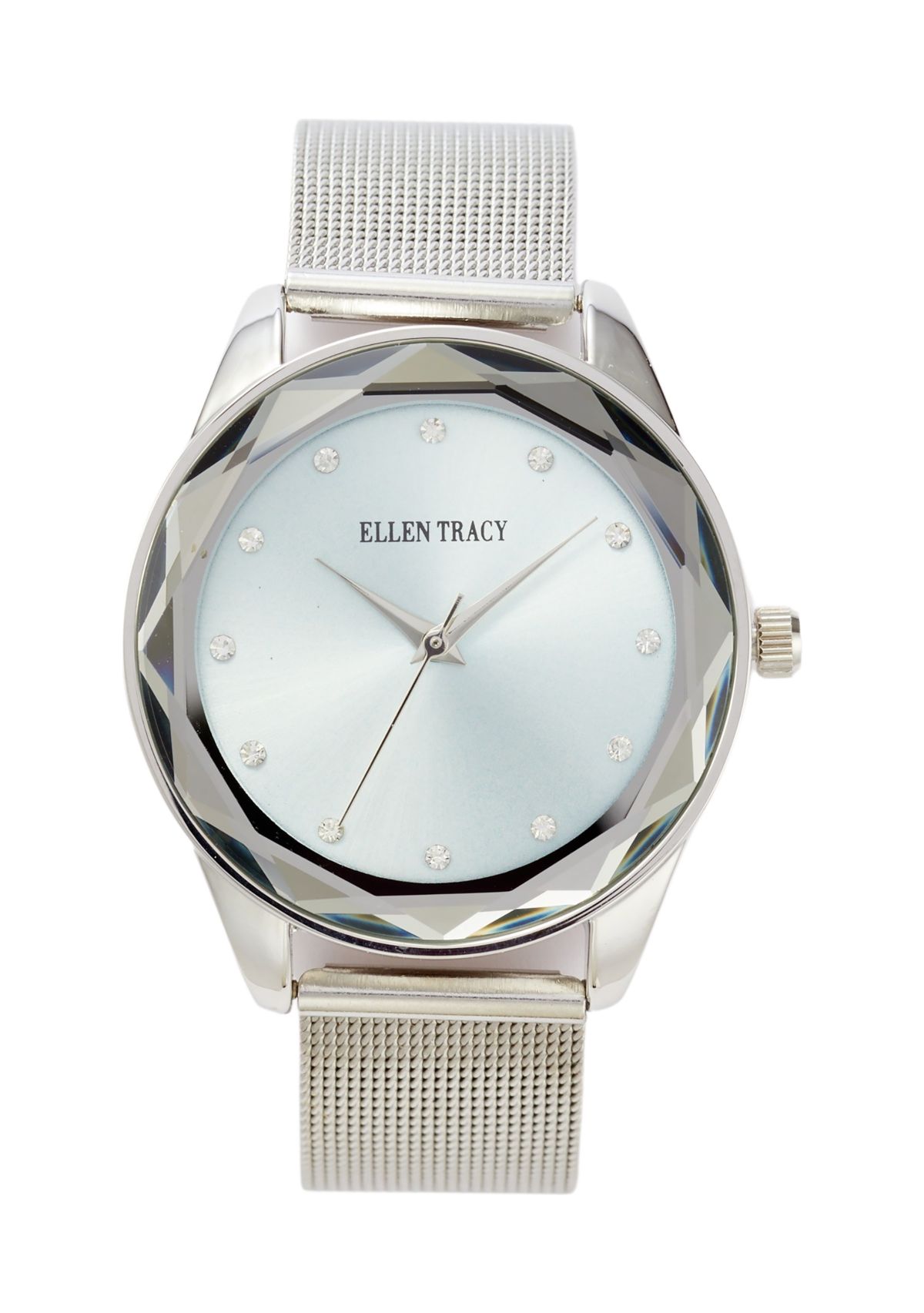 Womens Silver Tone Faceted Bezel Mesh Watch