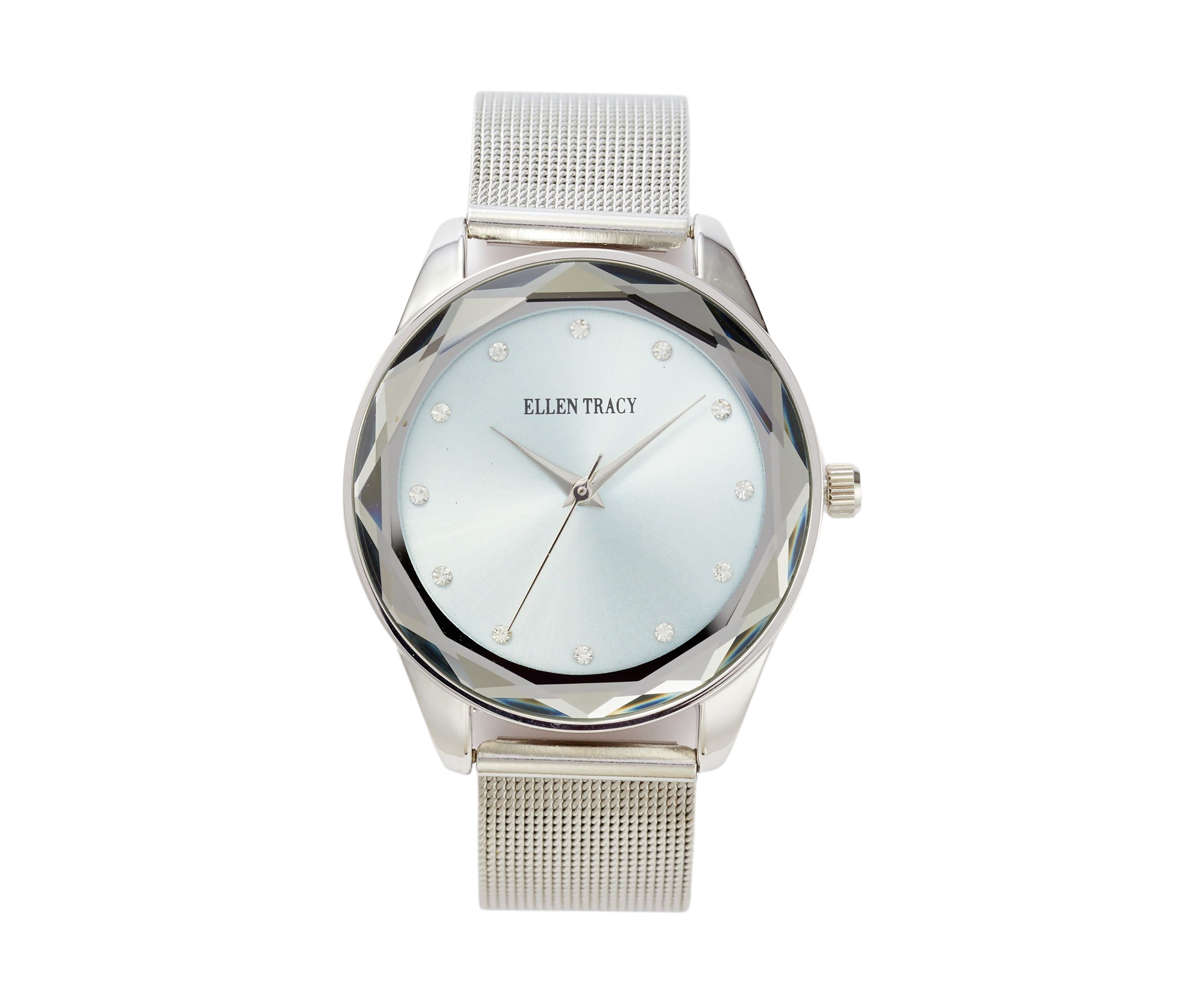 Womens Silver Tone Faceted Bezel Mesh Watch