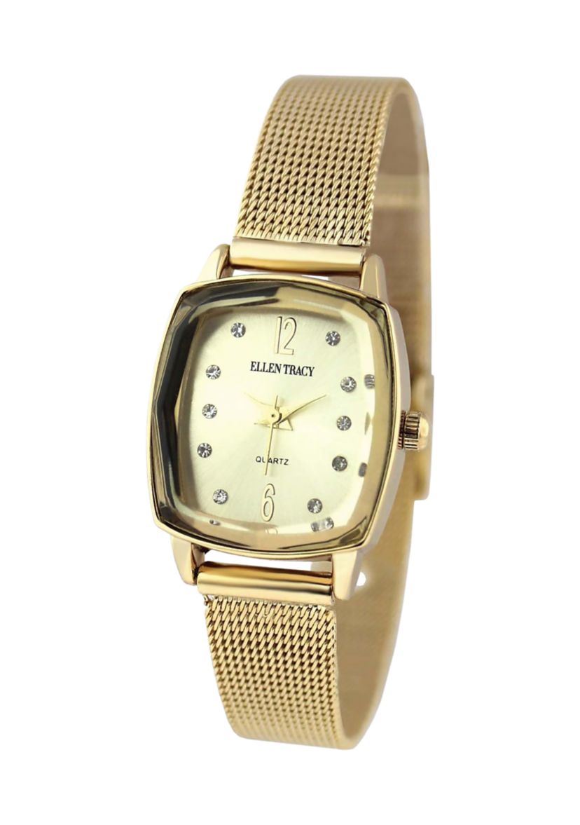Gold Tone Faceted Bezel Crystal Accent Adjustable Mesh Watch 