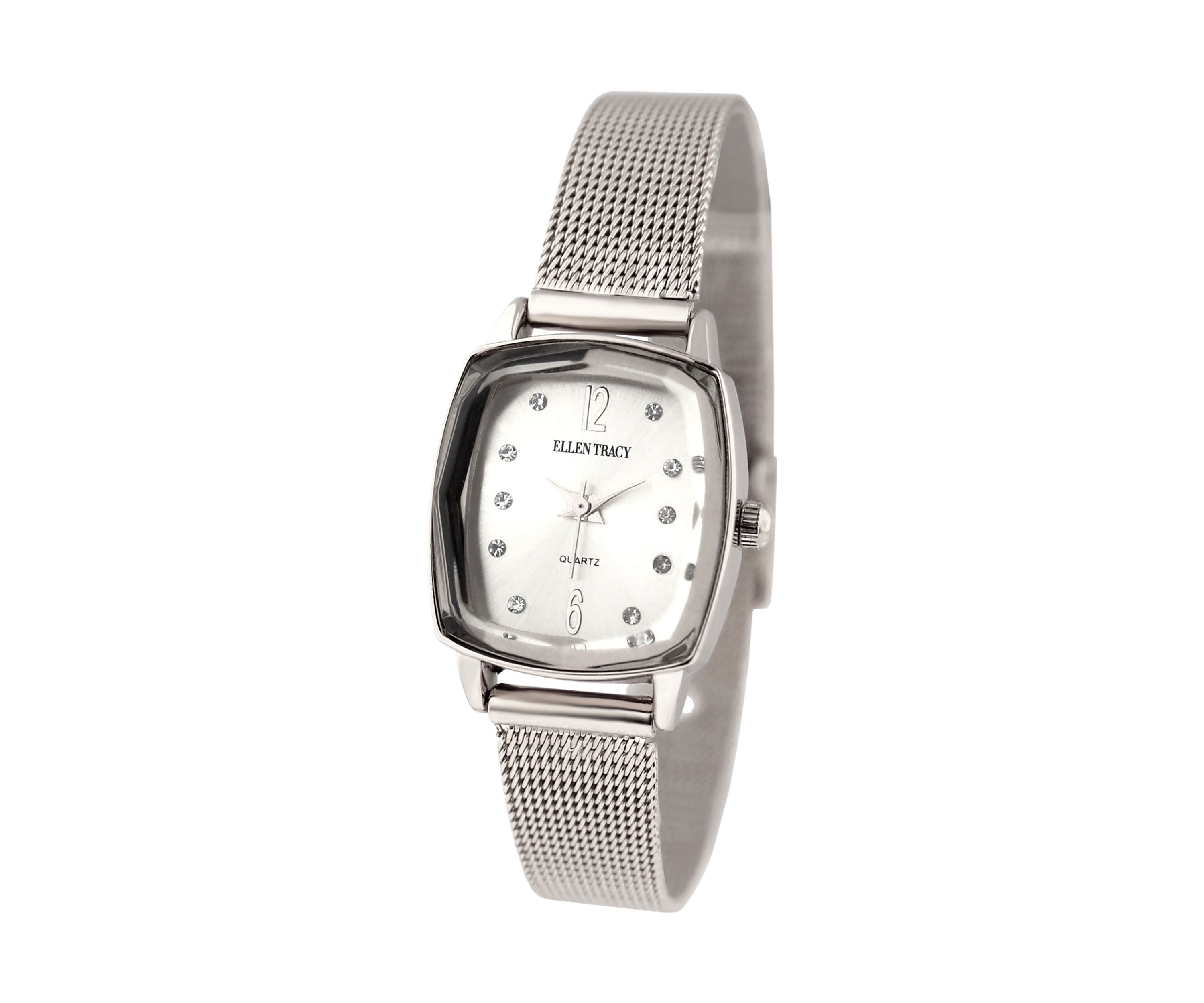 Silver Tone Faceted Bezel Crystal Accent Adjustable Mesh Watch