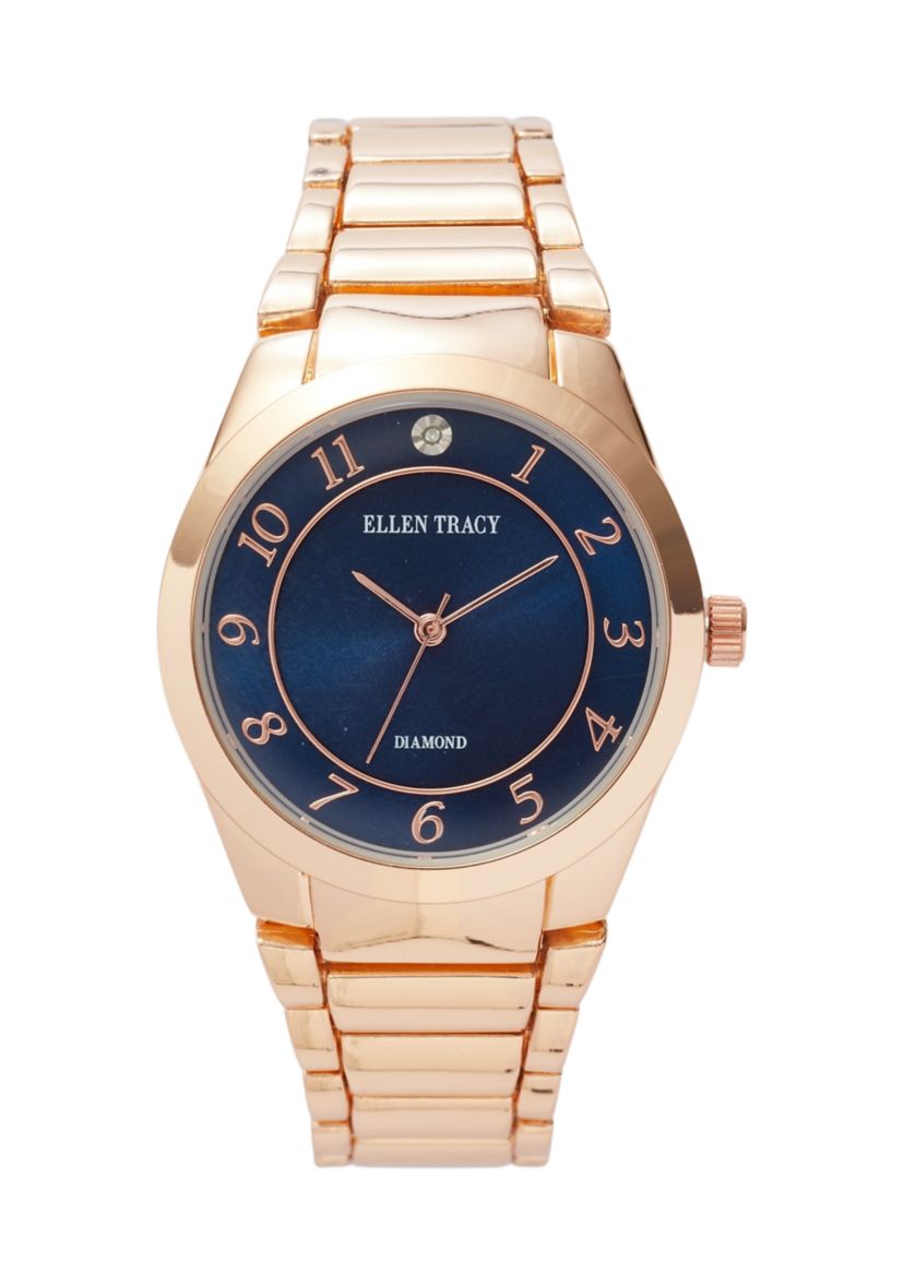 Womens Rose Gold Tone Navy Diamond Dial Bracelet Watch 