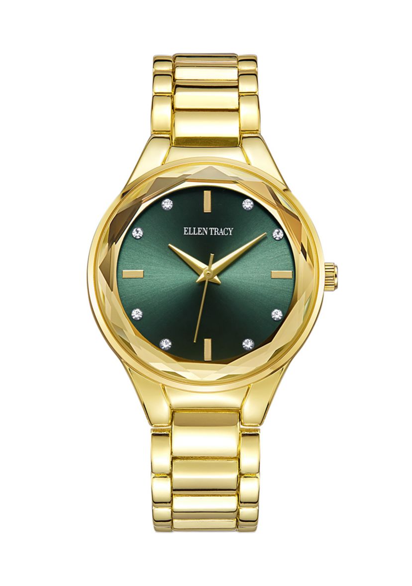 Ellen Tracy Gold Tone Faceted Bezel Green Dial Bracelet 