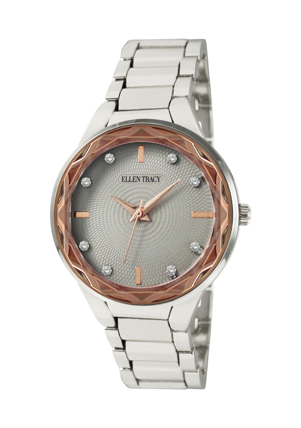 Silver Tone Rose Gold Faceted Bezel Crystal Accent Bracelet Watch 