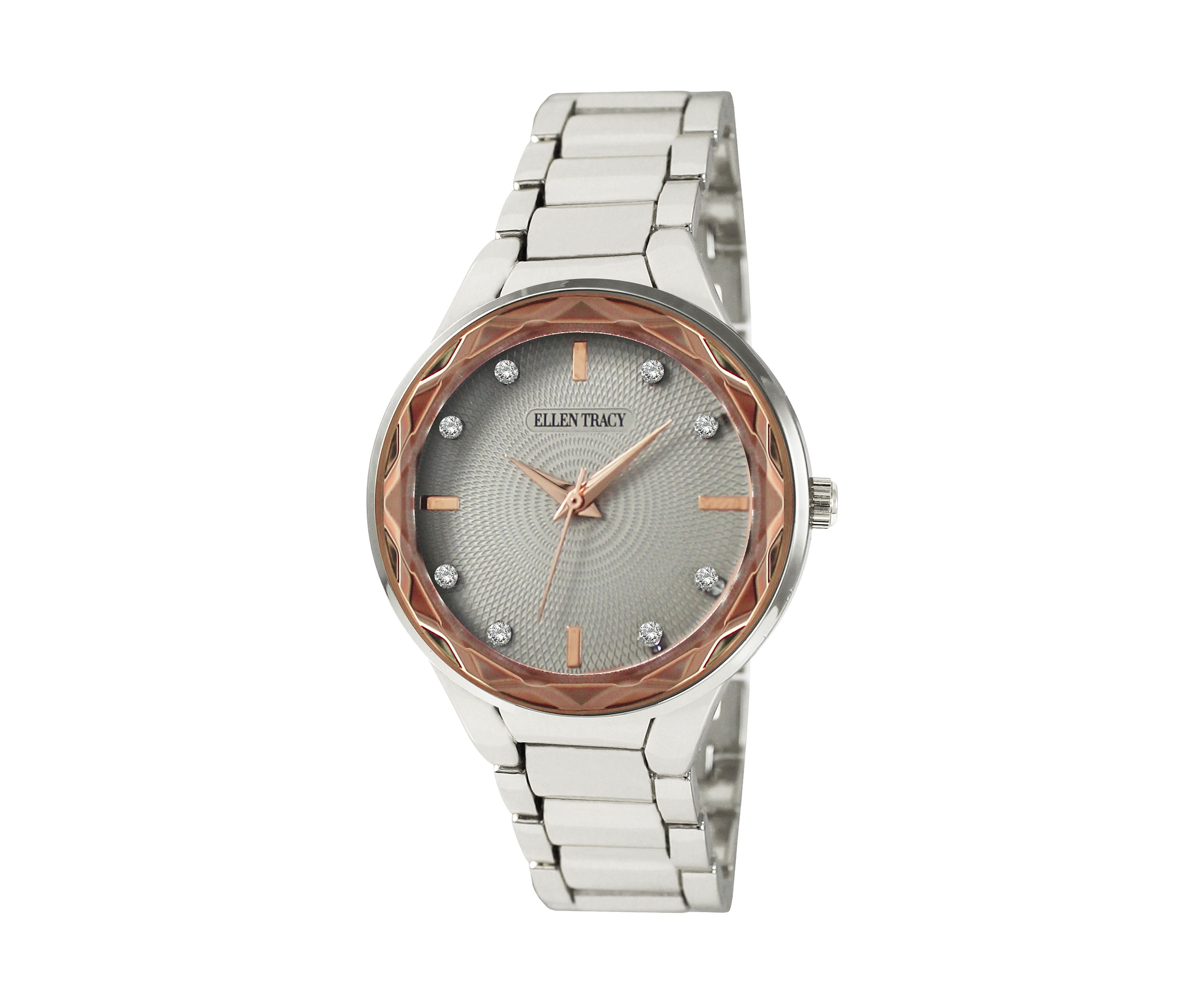 Silver Tone Rose Gold Faceted Bezel Crystal Accent Bracelet Watch 