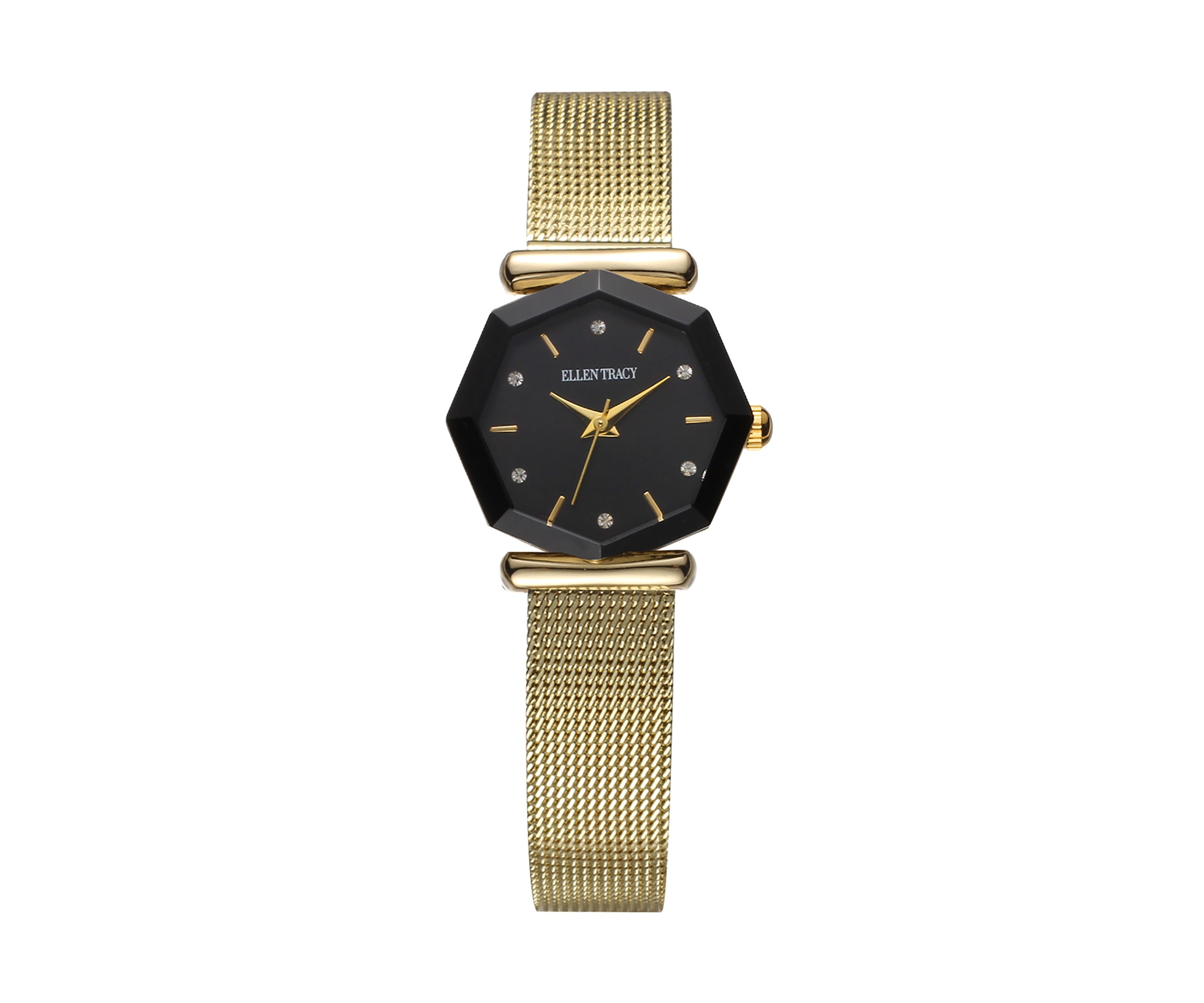 Gold Tone Black Faceted Bezel Mini Mesh Watch