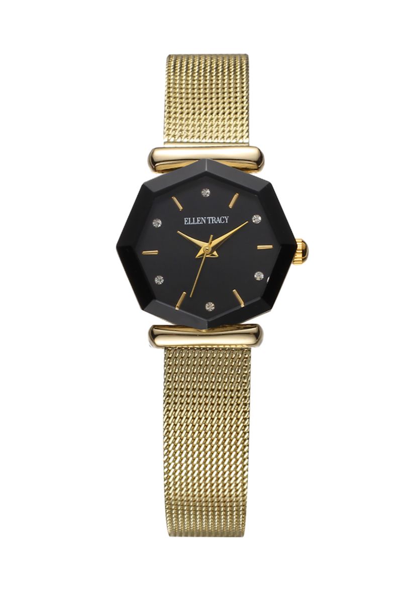 Gold Tone Black Faceted Bezel Mini Mesh Watch