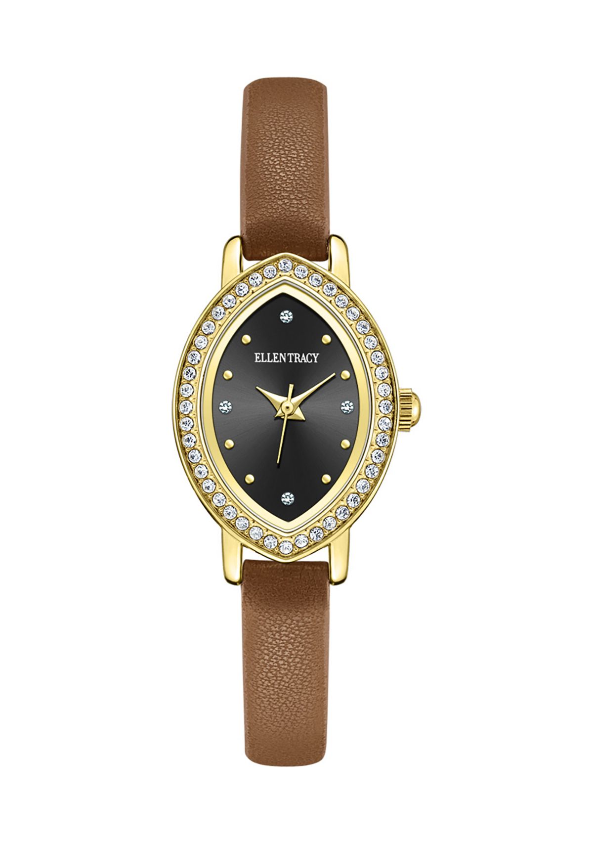 Gold Tone Crystal Marquise Brown Strap Watch