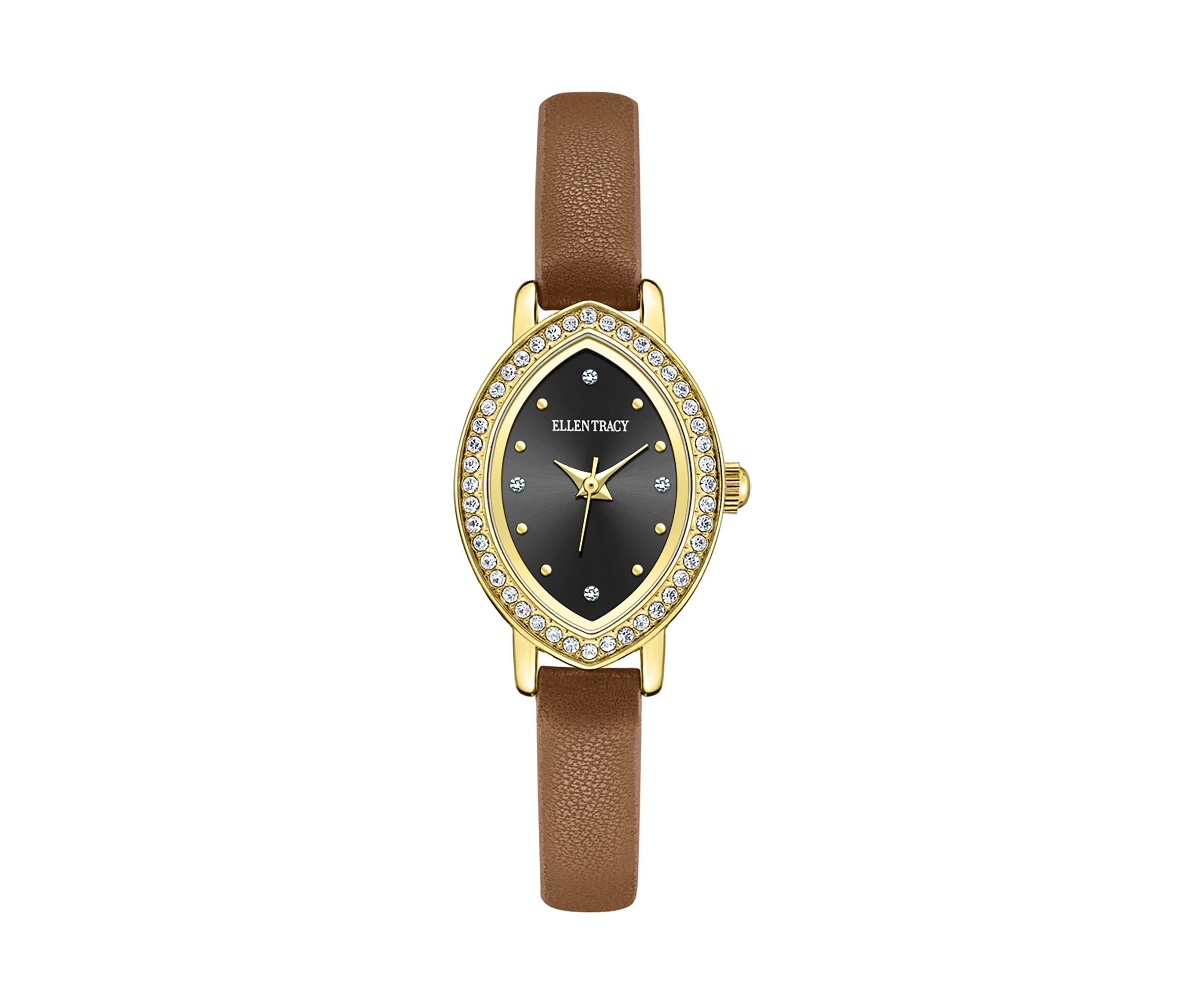 Gold Tone Crystal Marquise Brown Strap Watch