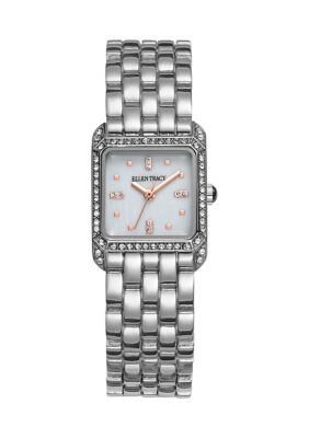 Ellen Tracy Women's Silver Tone Mother of Pearl Square Mini Bracelet Watch