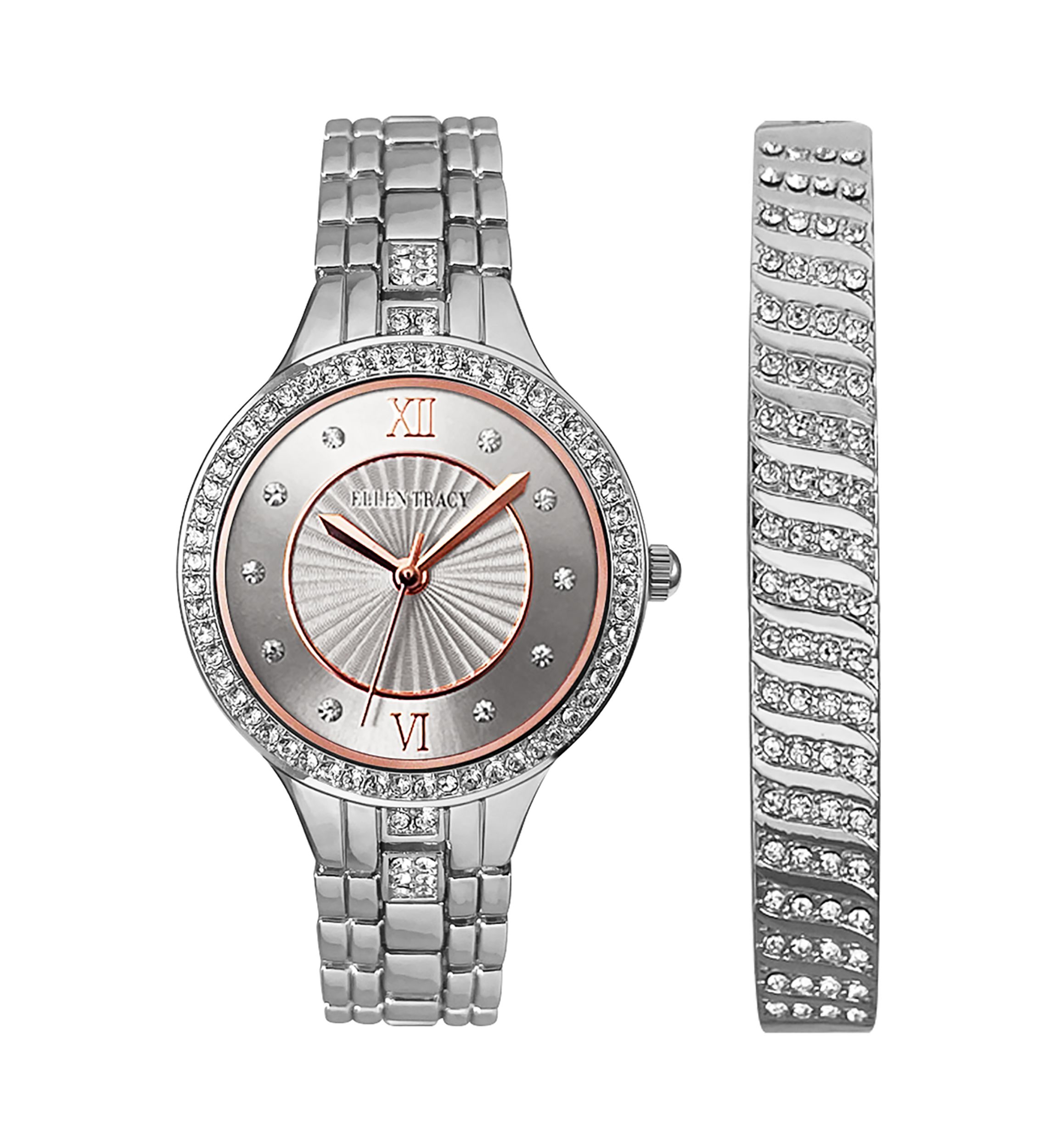 Silver Tone Crystal Watch & Bracelet Set