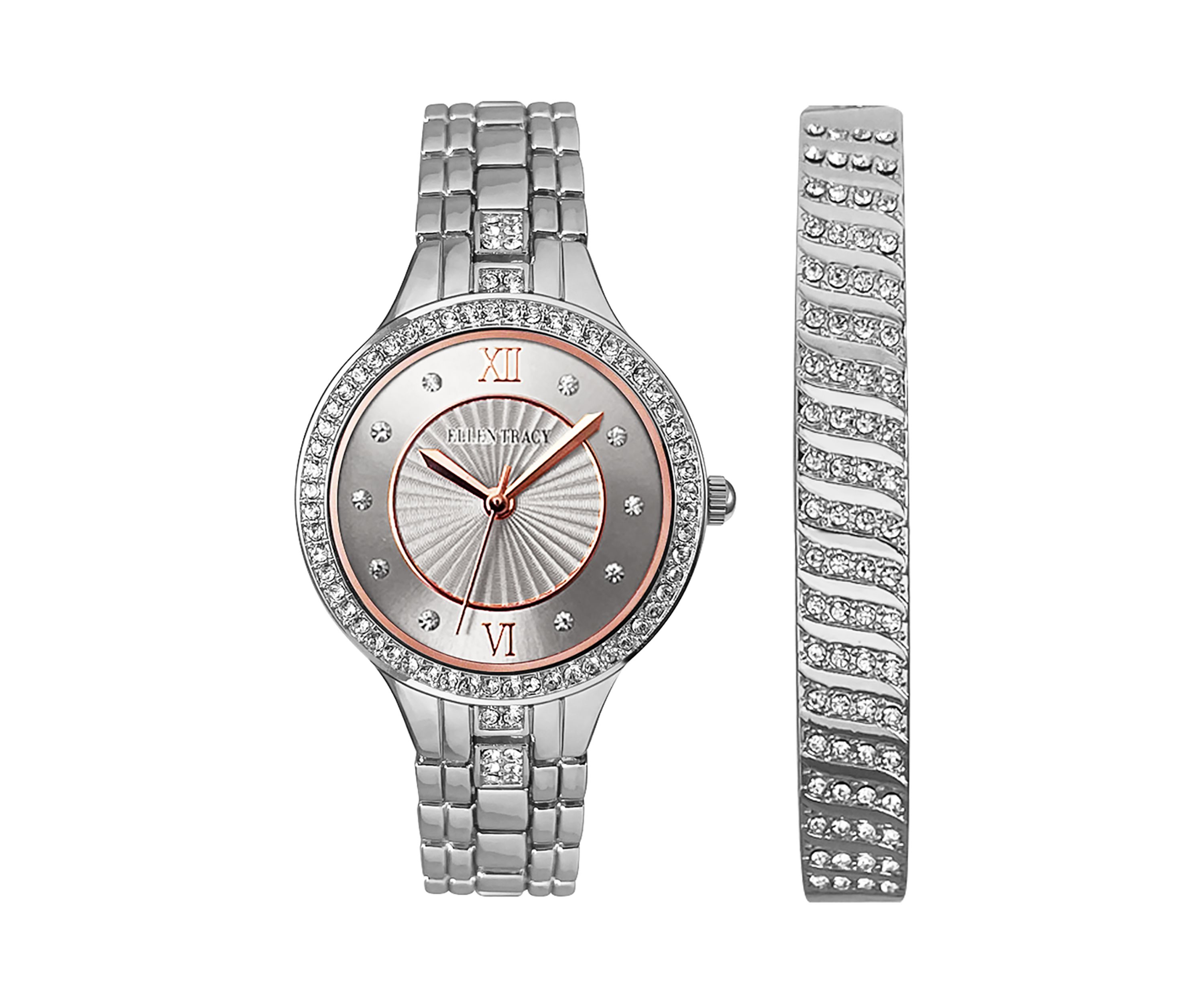 Silver Tone Crystal Watch & Bracelet Set