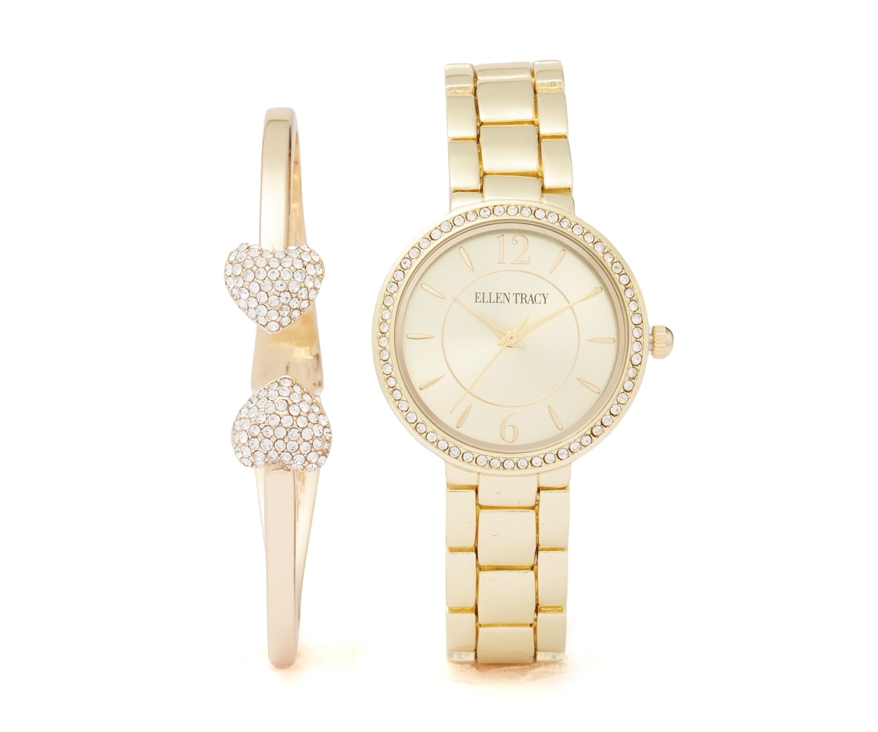 Gold Tone Watch and Heart Cuff Bracelet Set