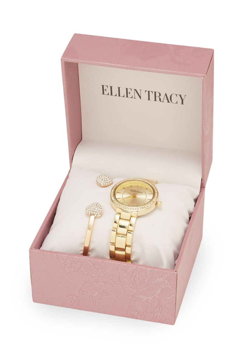 Gold Tone Watch and Heart Cuff Bracelet Set