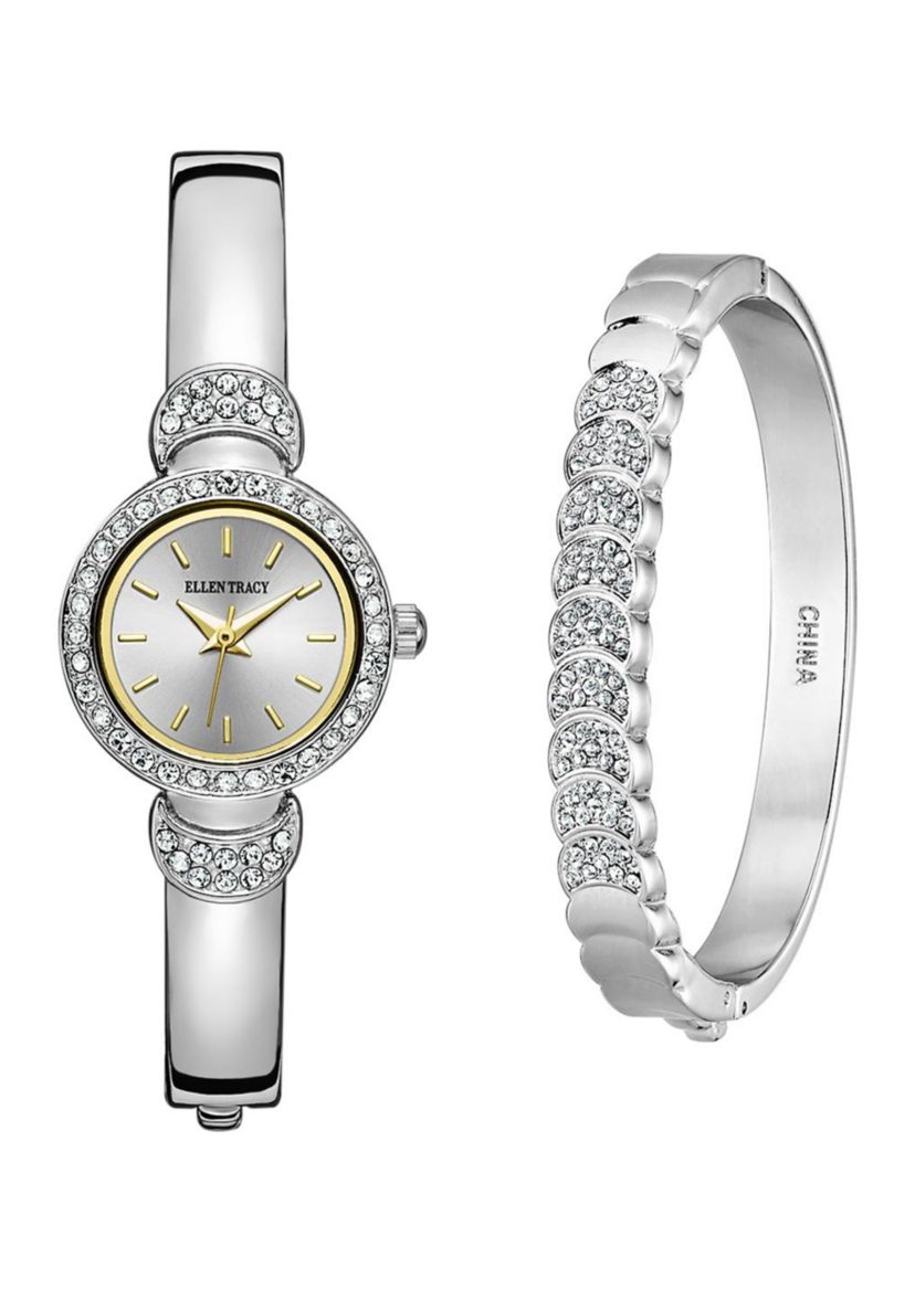 Silver Tone Mini Bangle Bracelet Watch Set