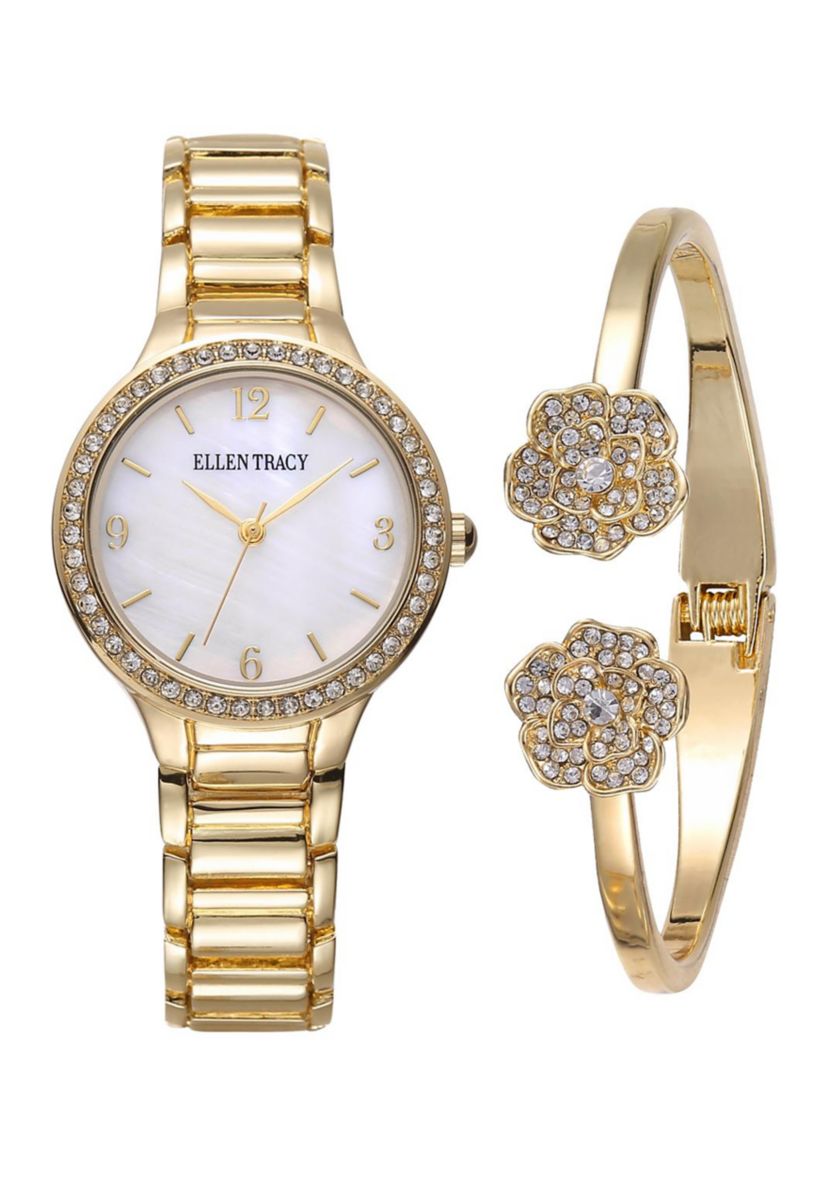 Gold Tone Watch and Flower Bracelet Set