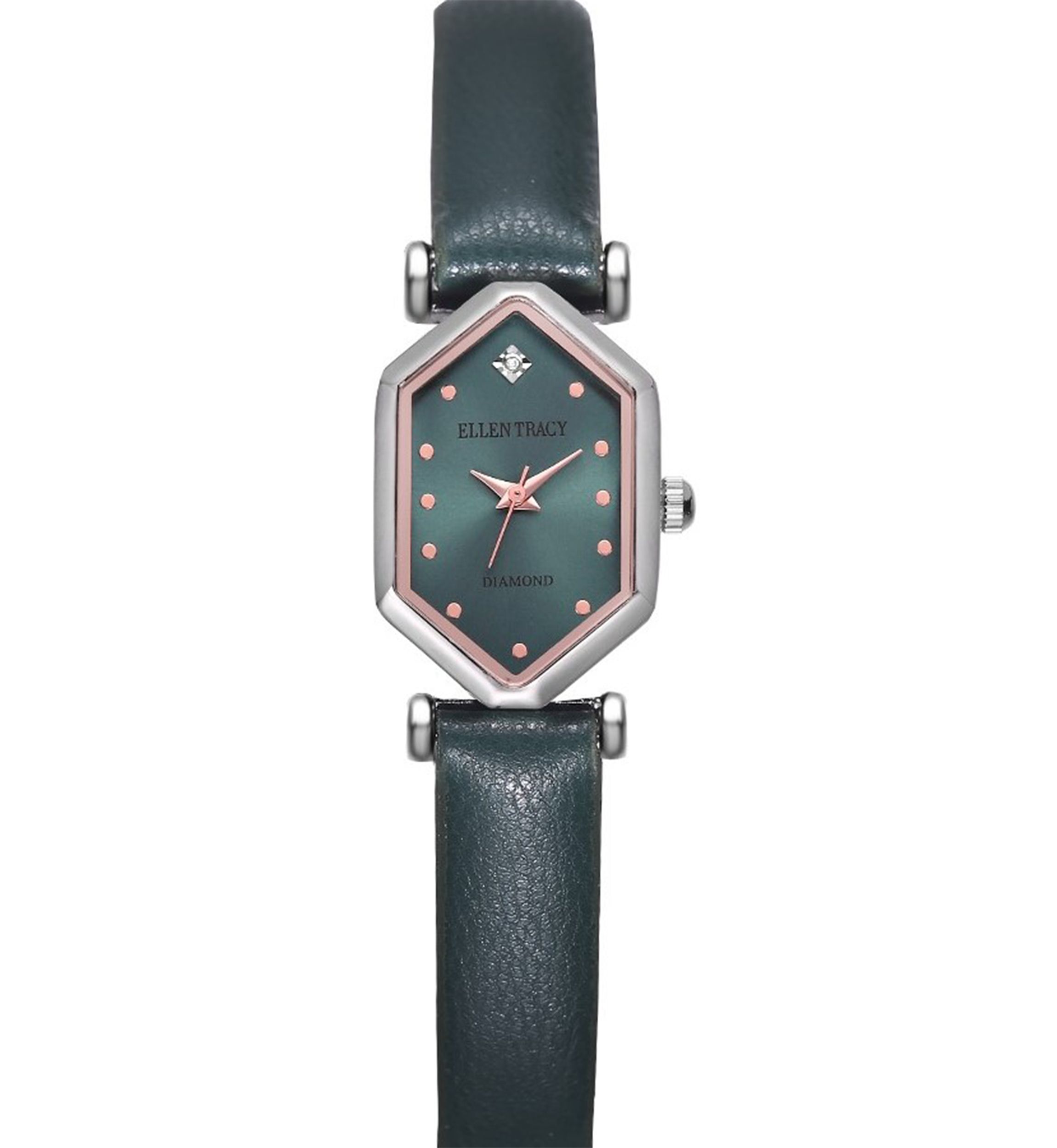 Silver Tone Genuine Diamond Dial Green Strap Watch