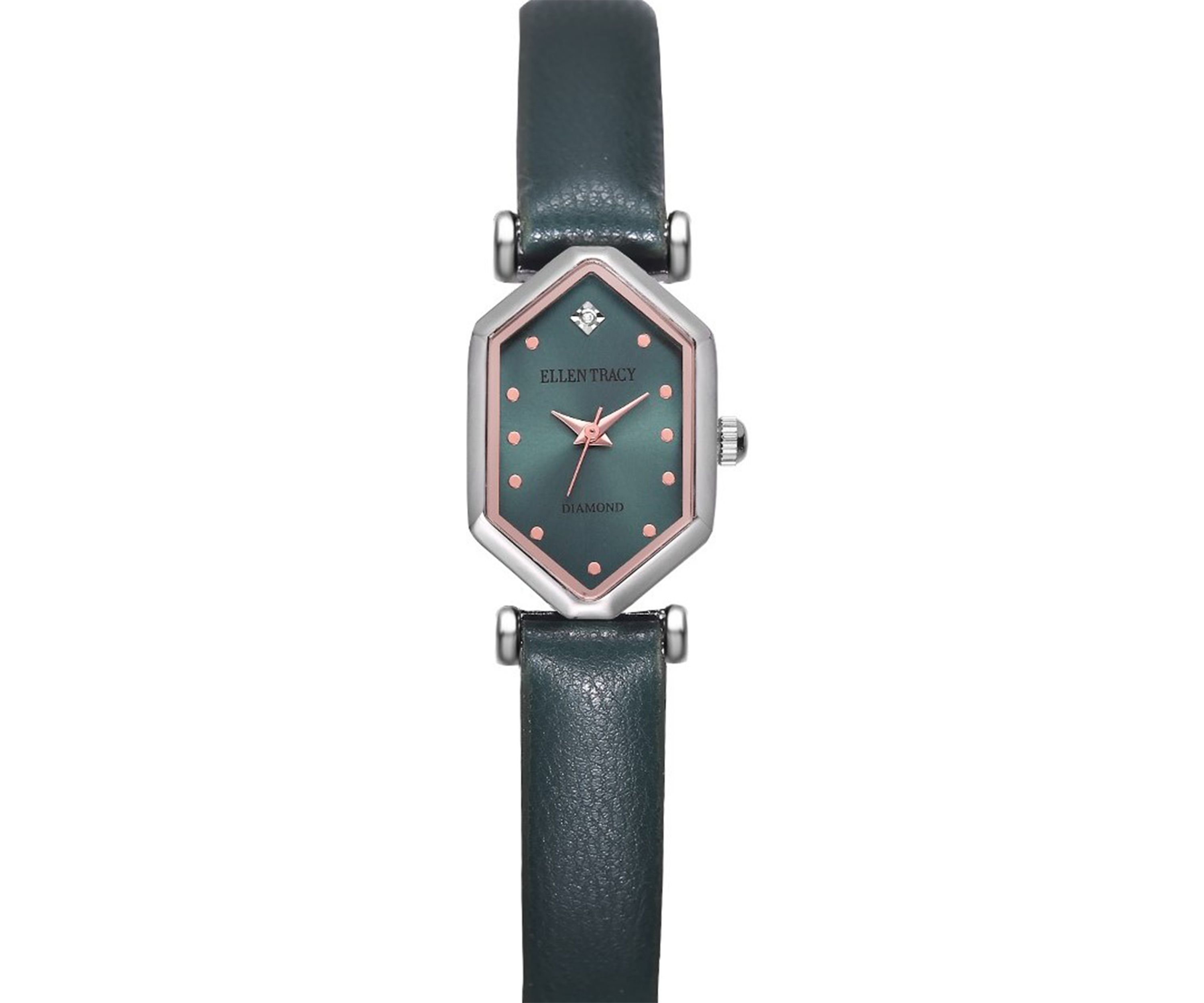 Silver Tone Genuine Diamond Dial Green Strap Watch