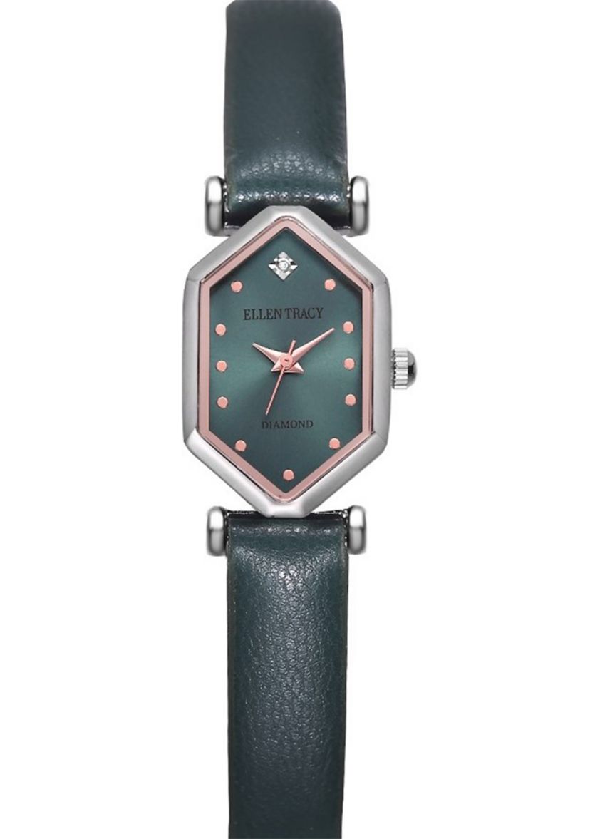 Silver Tone Genuine Diamond Dial Green Strap Watch