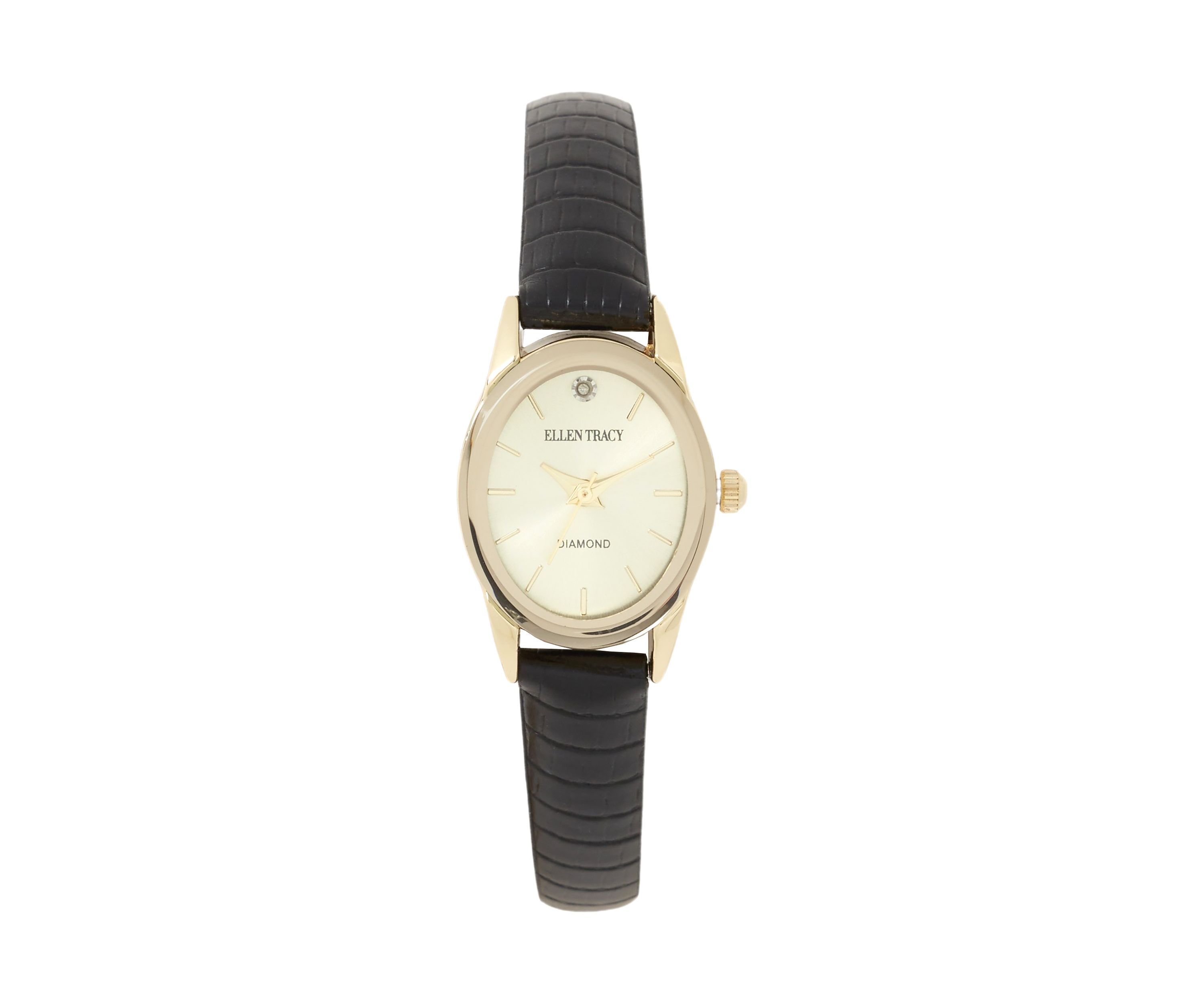 Gold Oval Diamond Black Strap Watch
