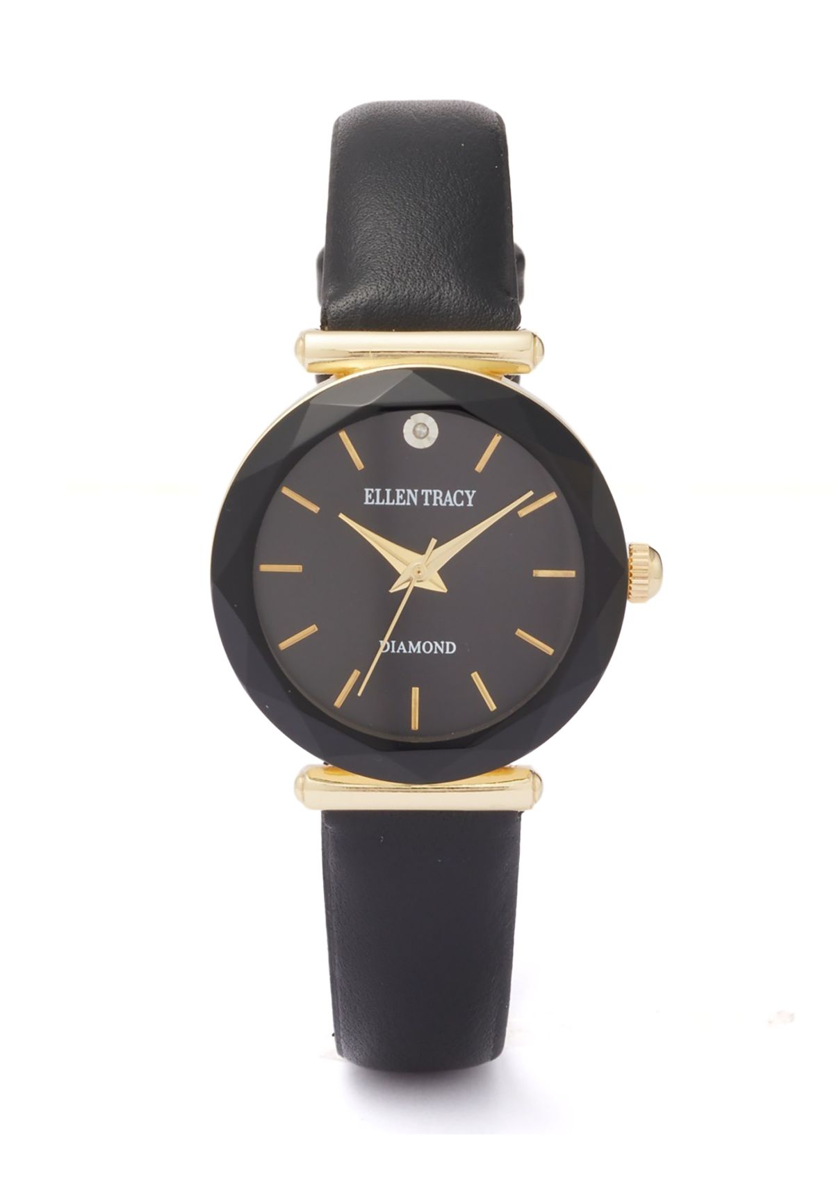 Gold Tone Marquis Crystal Black Strap Watch