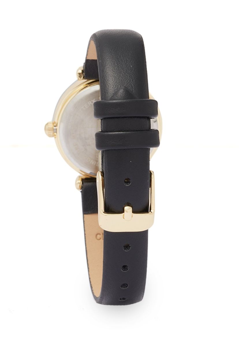 Gold Tone Marquis Crystal Black Strap Watch