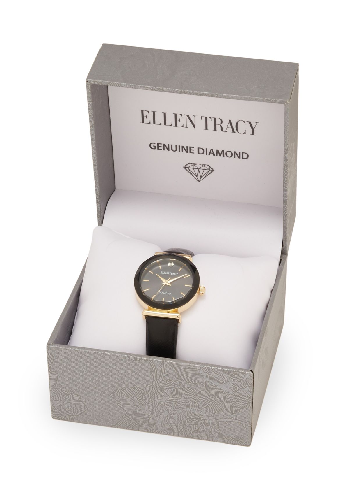 Gold Tone Marquis Crystal Black Strap Watch