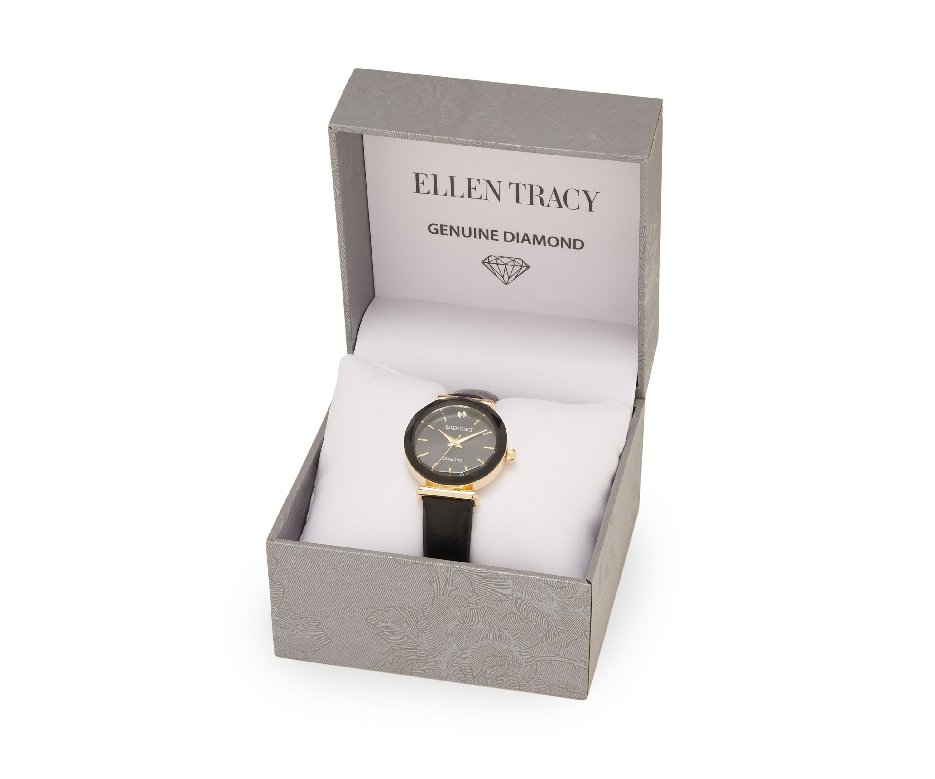 Gold Tone Marquis Crystal Black Strap Watch