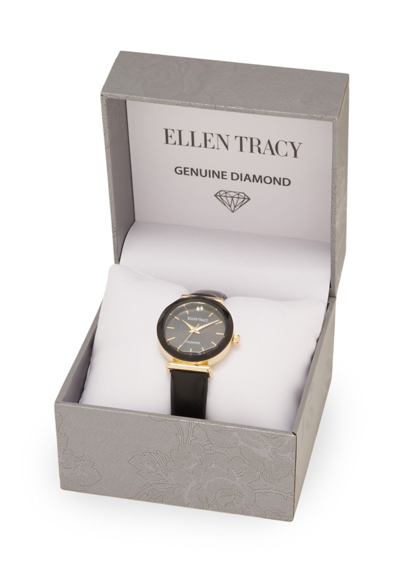 Gold Tone Marquis Crystal Black Strap Watch