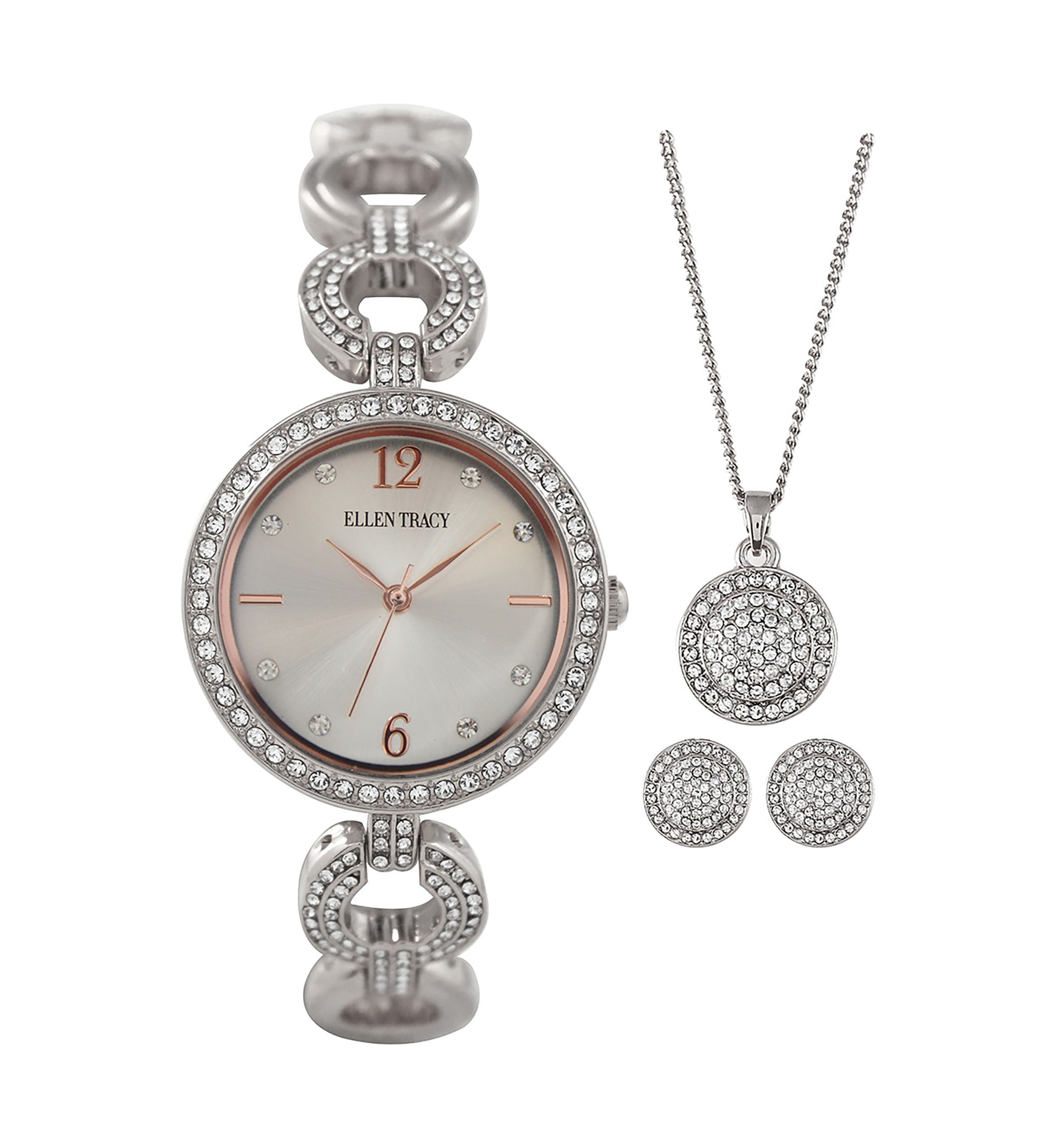 Silver Tone Pave Crystal Watch, Pendant Necklace, & Earring Set