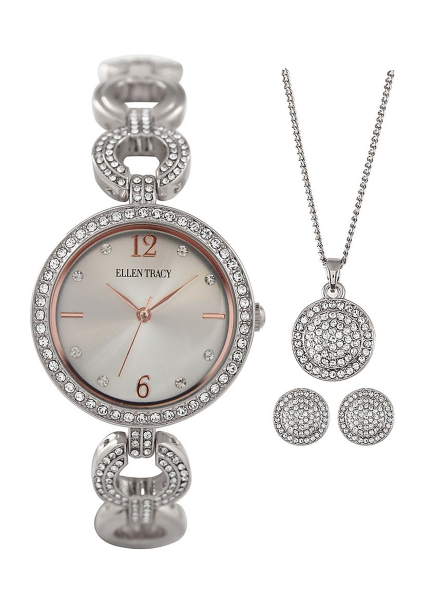 Silver Tone Pave Crystal Watch, Pendant Necklace, & Earring Set