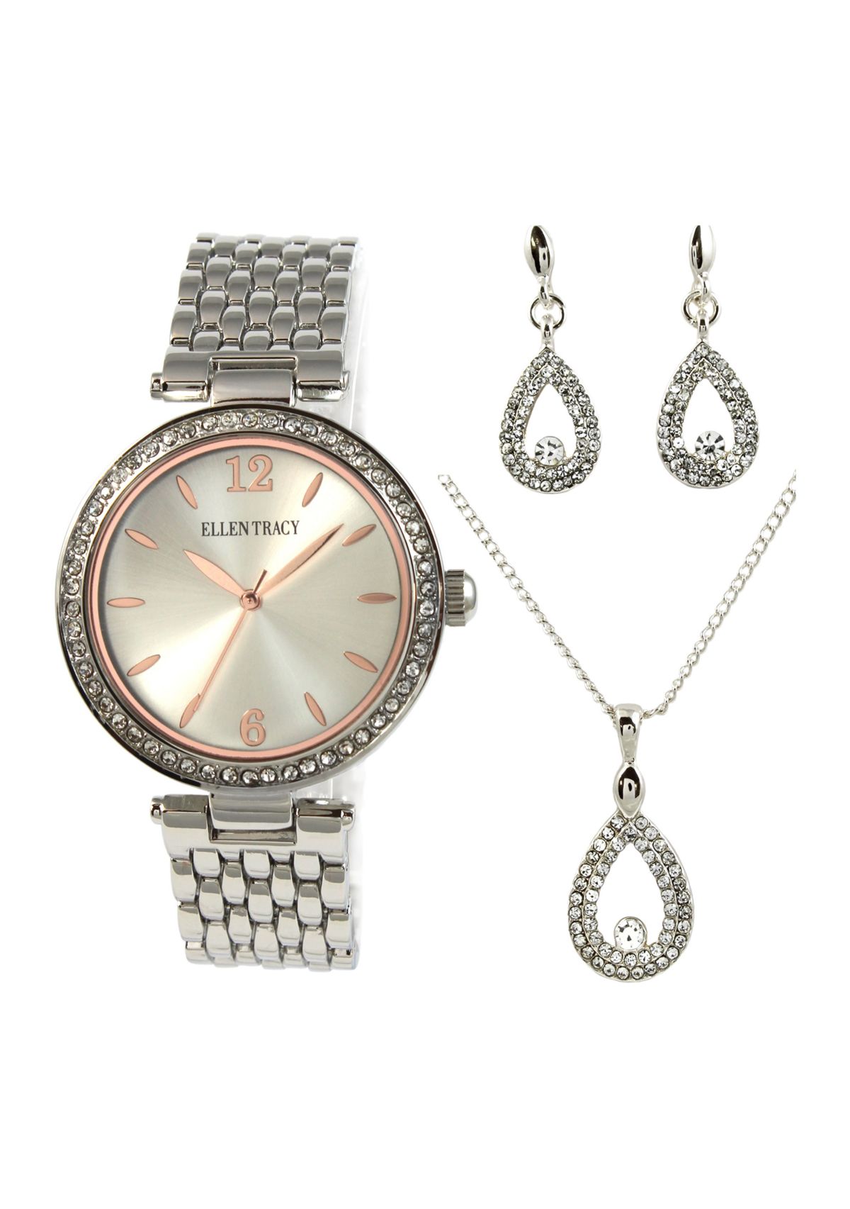 Silver Tone Crystal Watch, Necklace, & Earrings Set