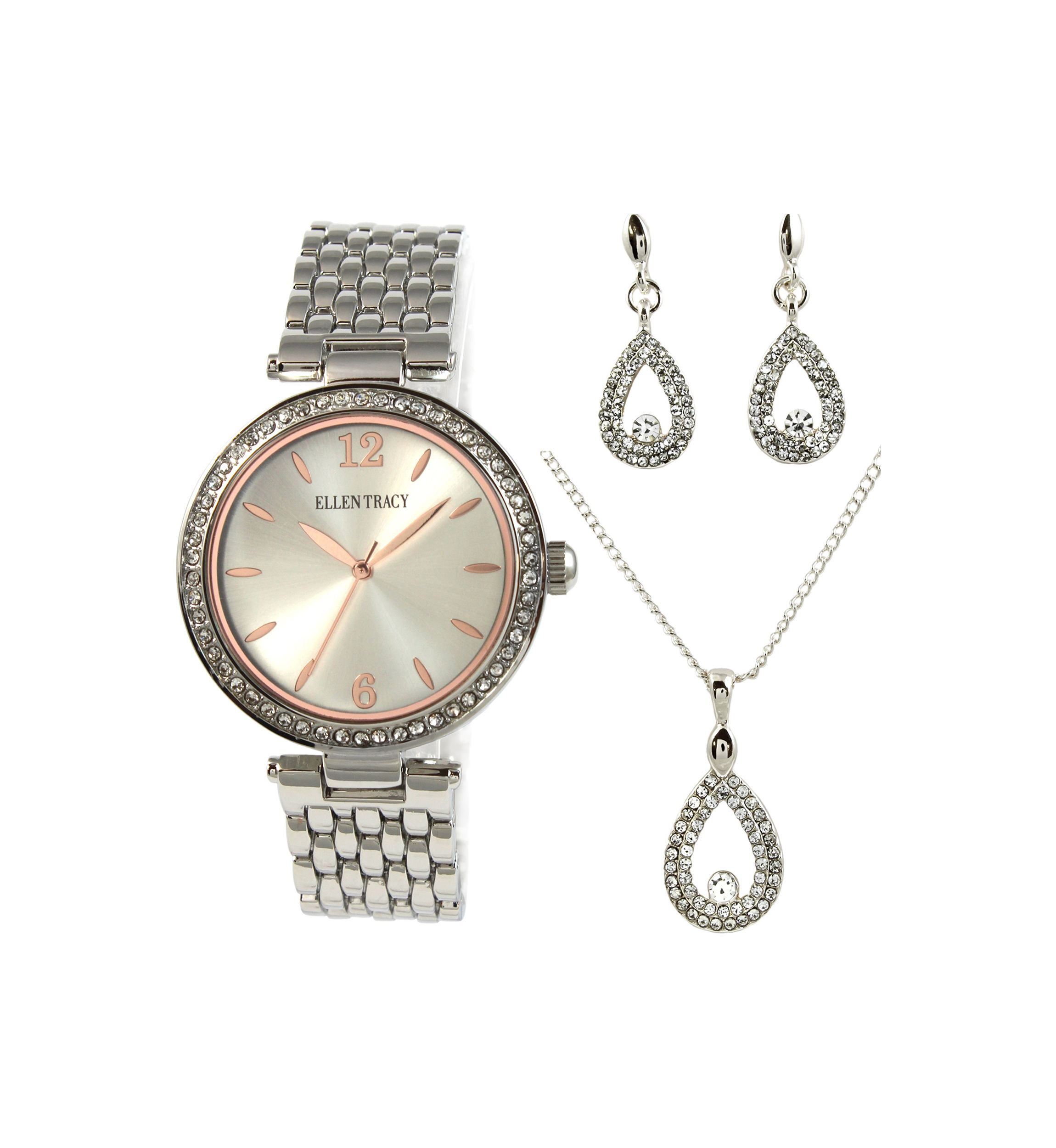 Silver Tone Crystal Watch, Necklace, & Earrings Set