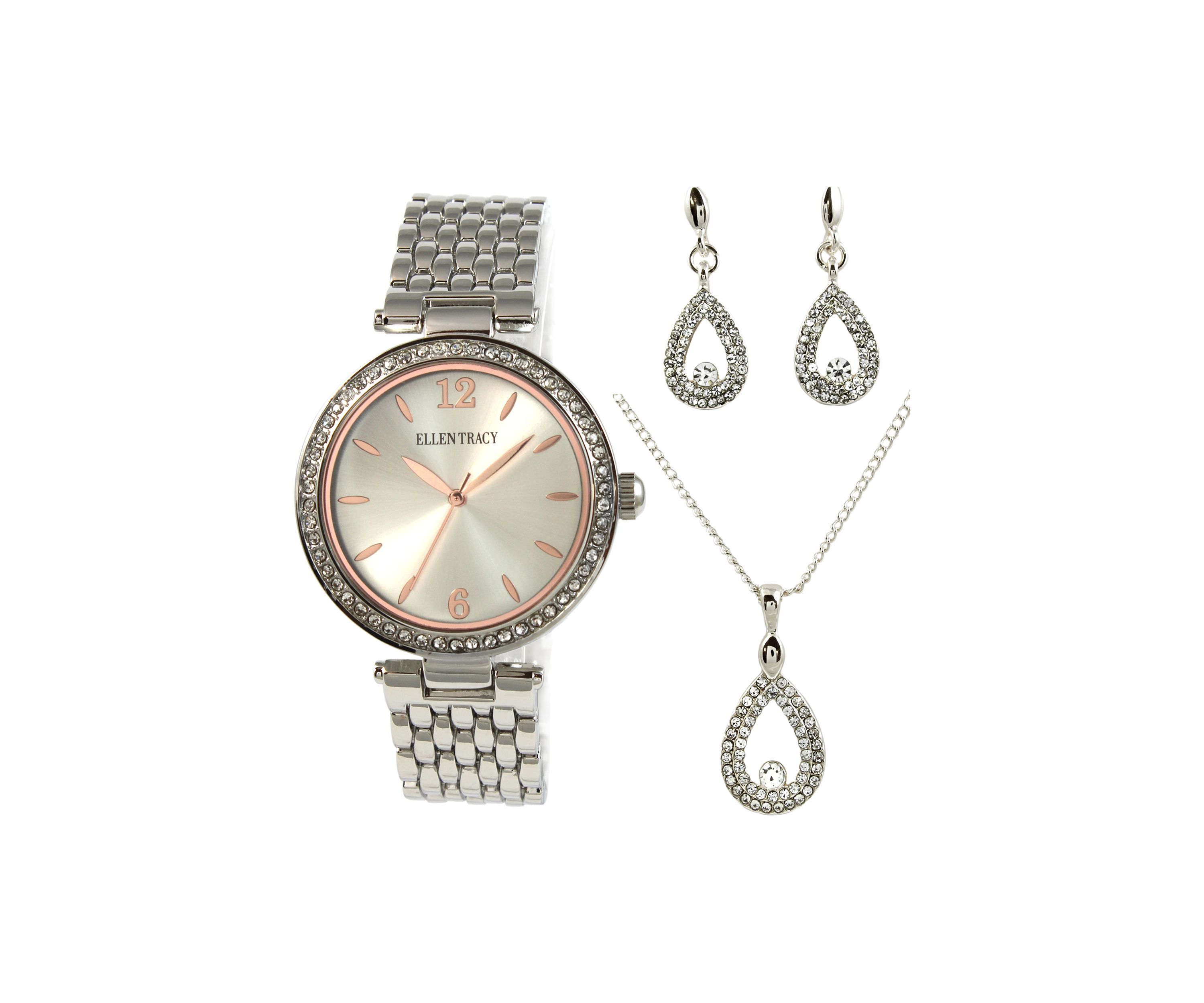 Silver Tone Crystal Watch, Necklace, & Earrings Set
