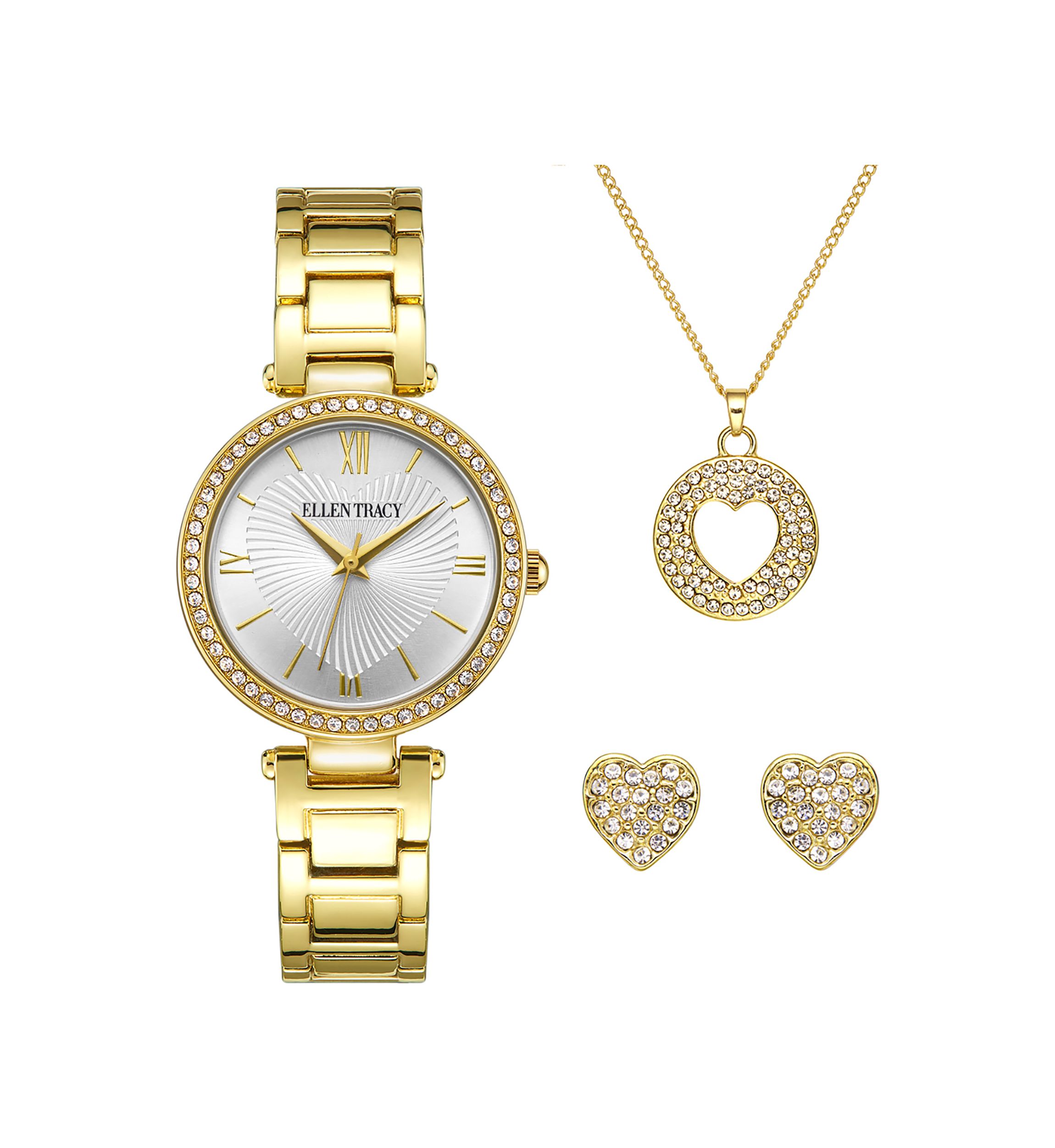 Gold Tone Crystal Watch, Necklace, & Earrings Set