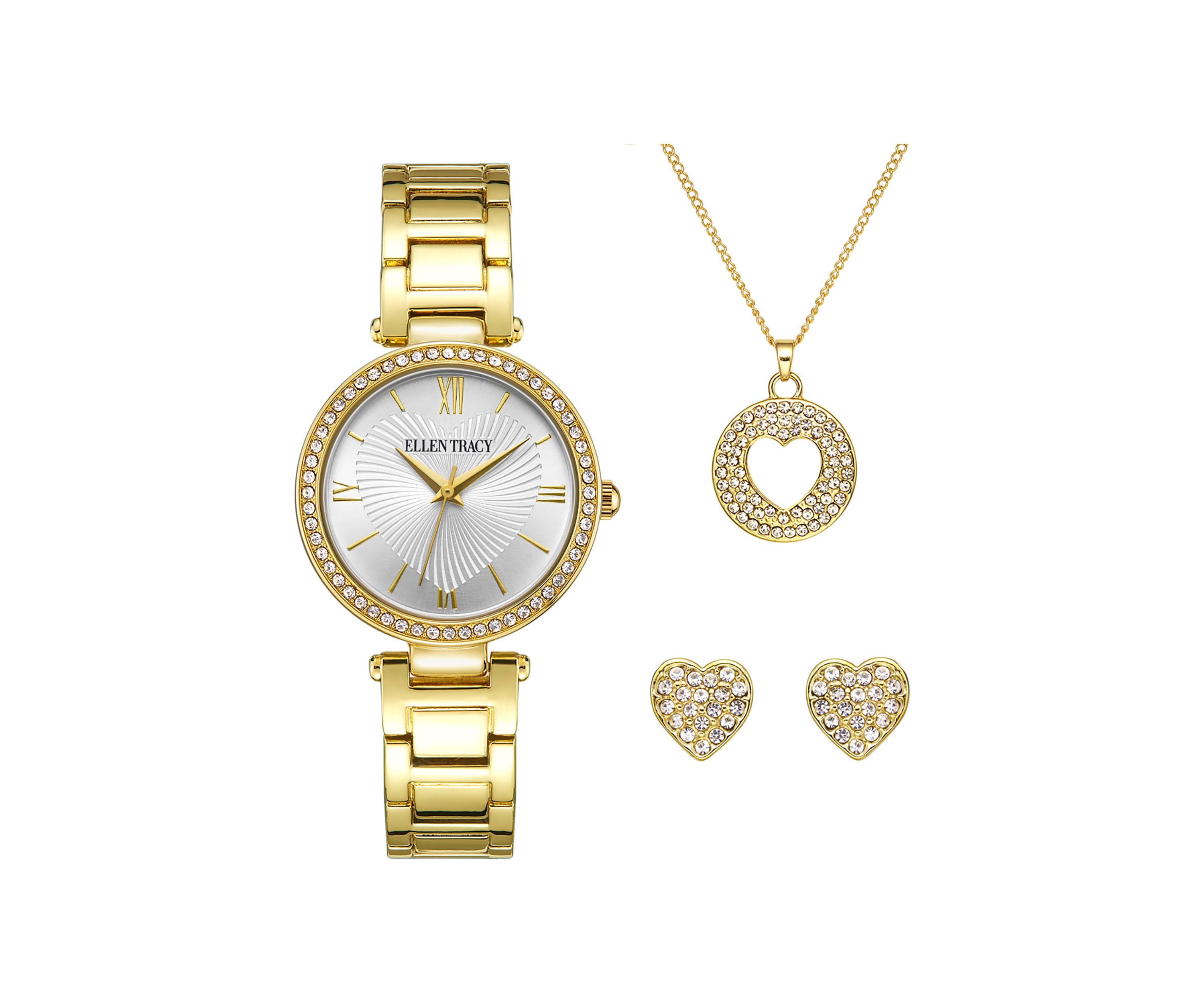 Gold Tone Crystal Watch, Necklace, & Earrings Set