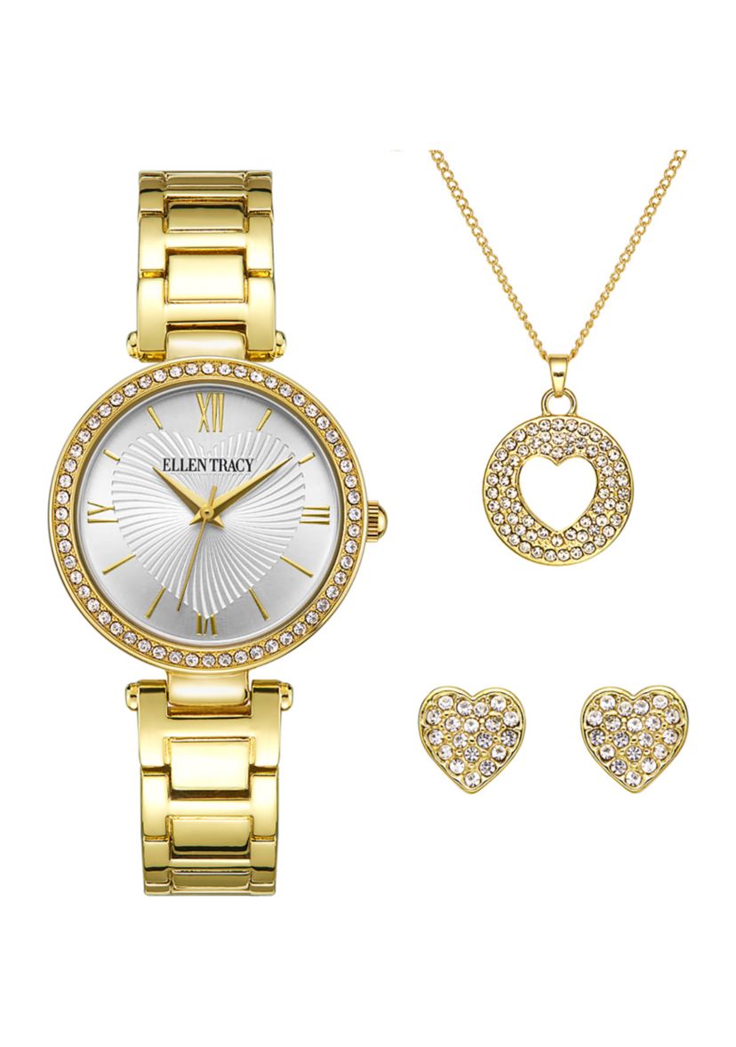 Gold Tone Crystal Watch, Necklace, & Earrings Set