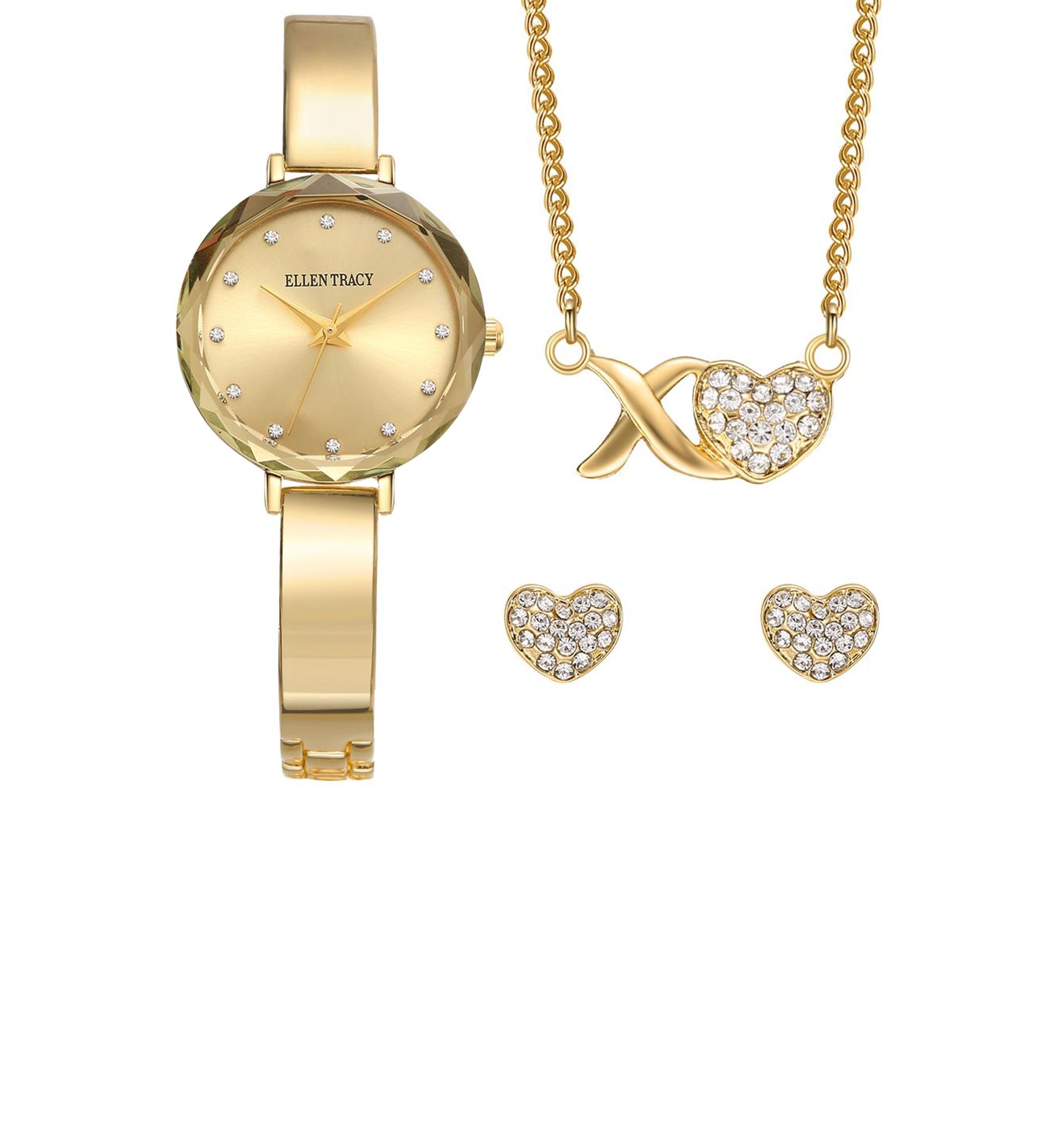 Gold Tone Faceted Bezel Watch Jewelry Set