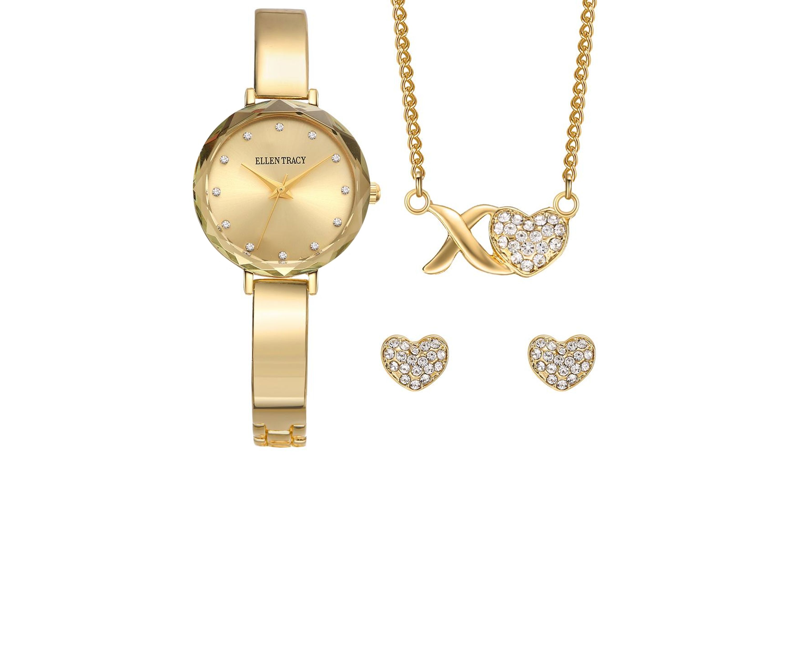Gold Tone Faceted Bezel Watch Jewelry Set